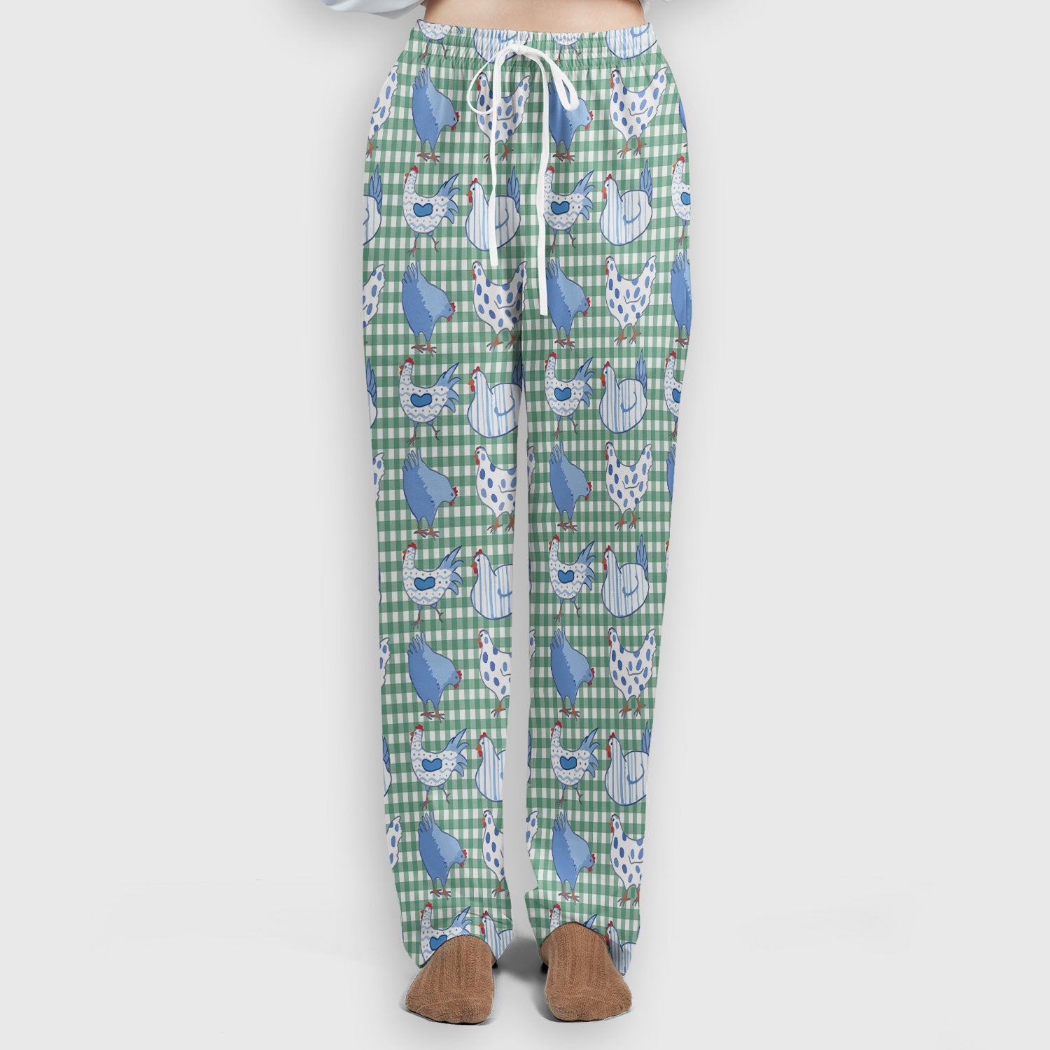 Blue Chicken Gingham Pattern Scrub Set, Scrub Pants and V Neck Top