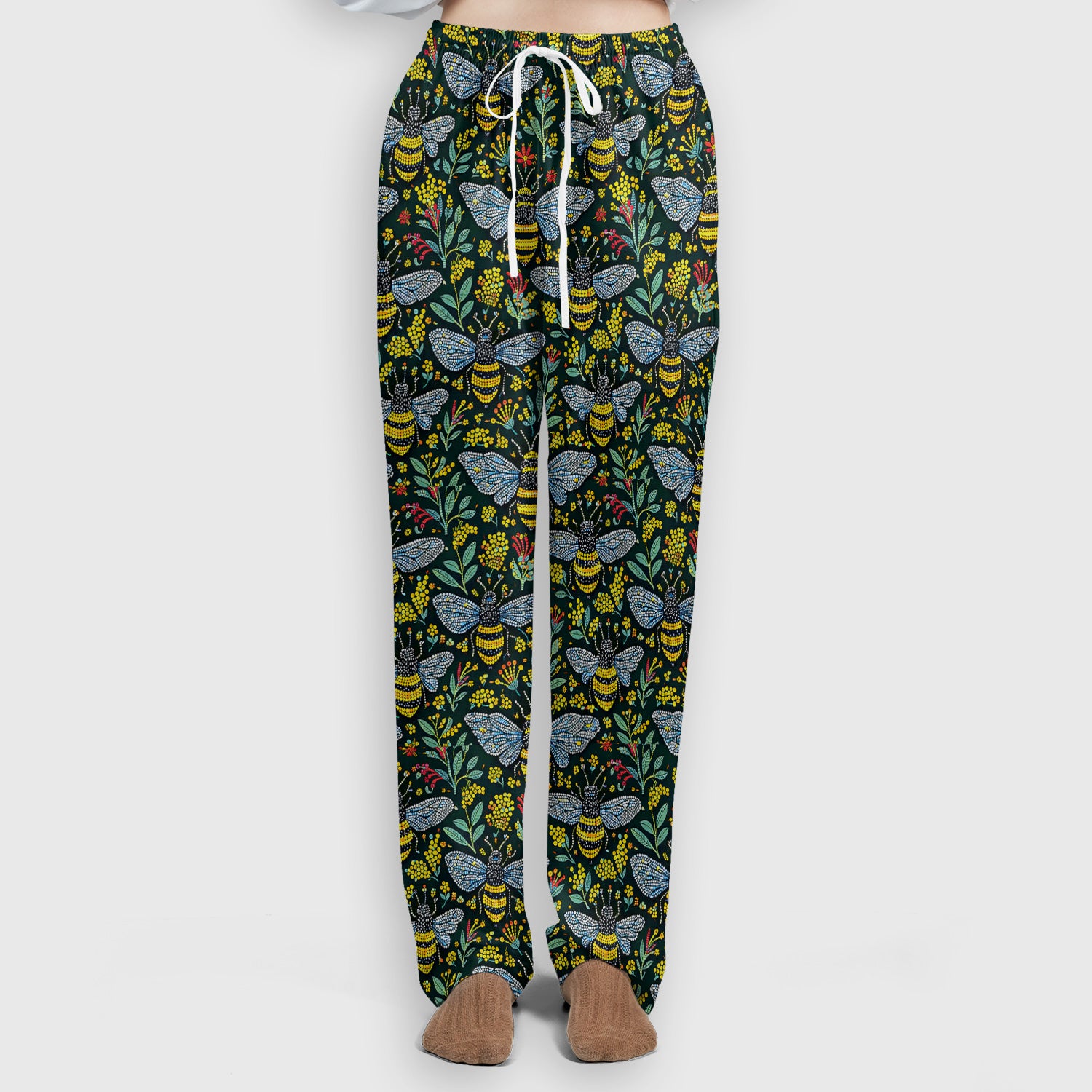 Honey Bee And Wildflower Garden Pattern Scrub Set, Scrub Pants and V Neck Top