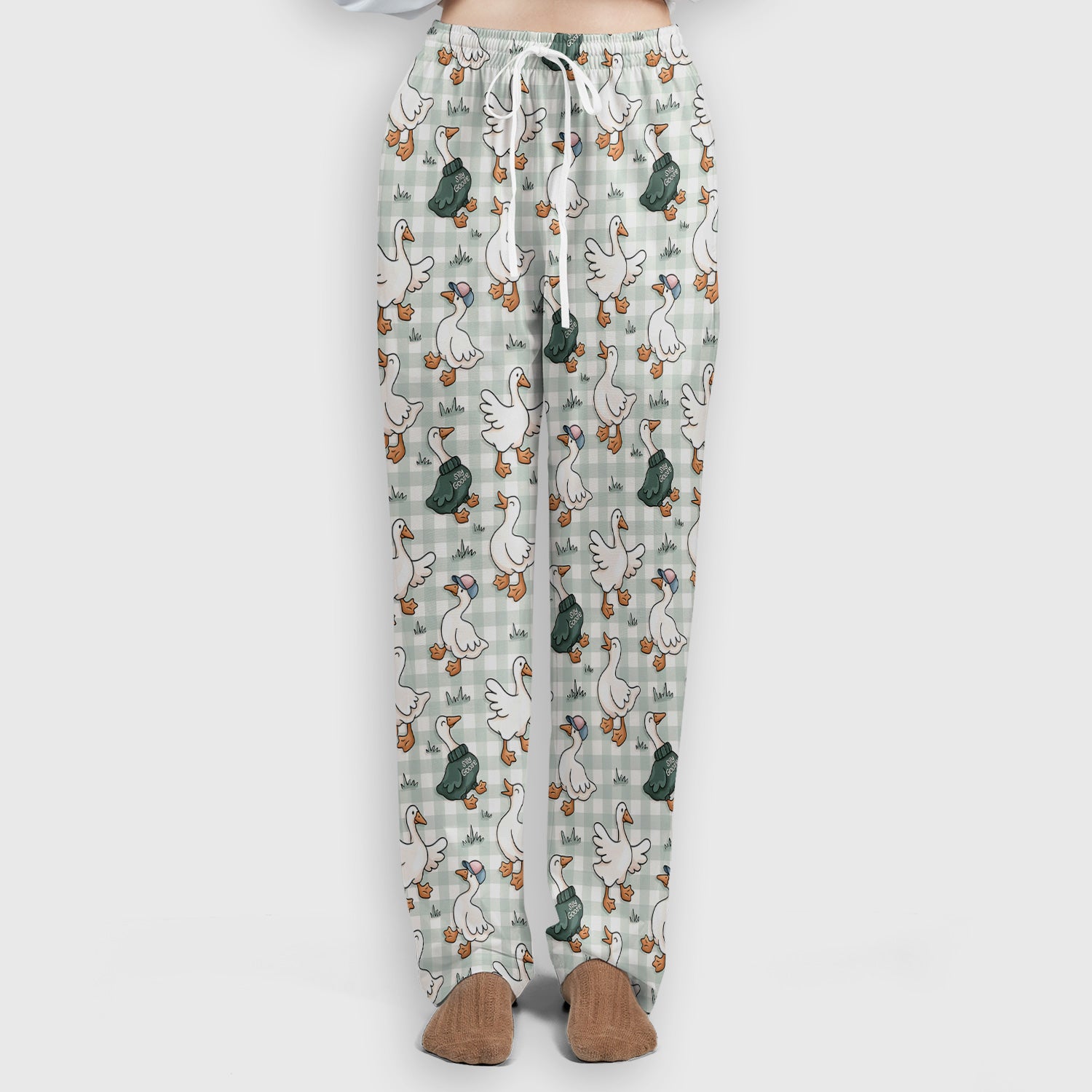 Funny Goose Wearing Sweater On Plaid Background Pattern Scrub Set, Scrub Pants and V Neck Top