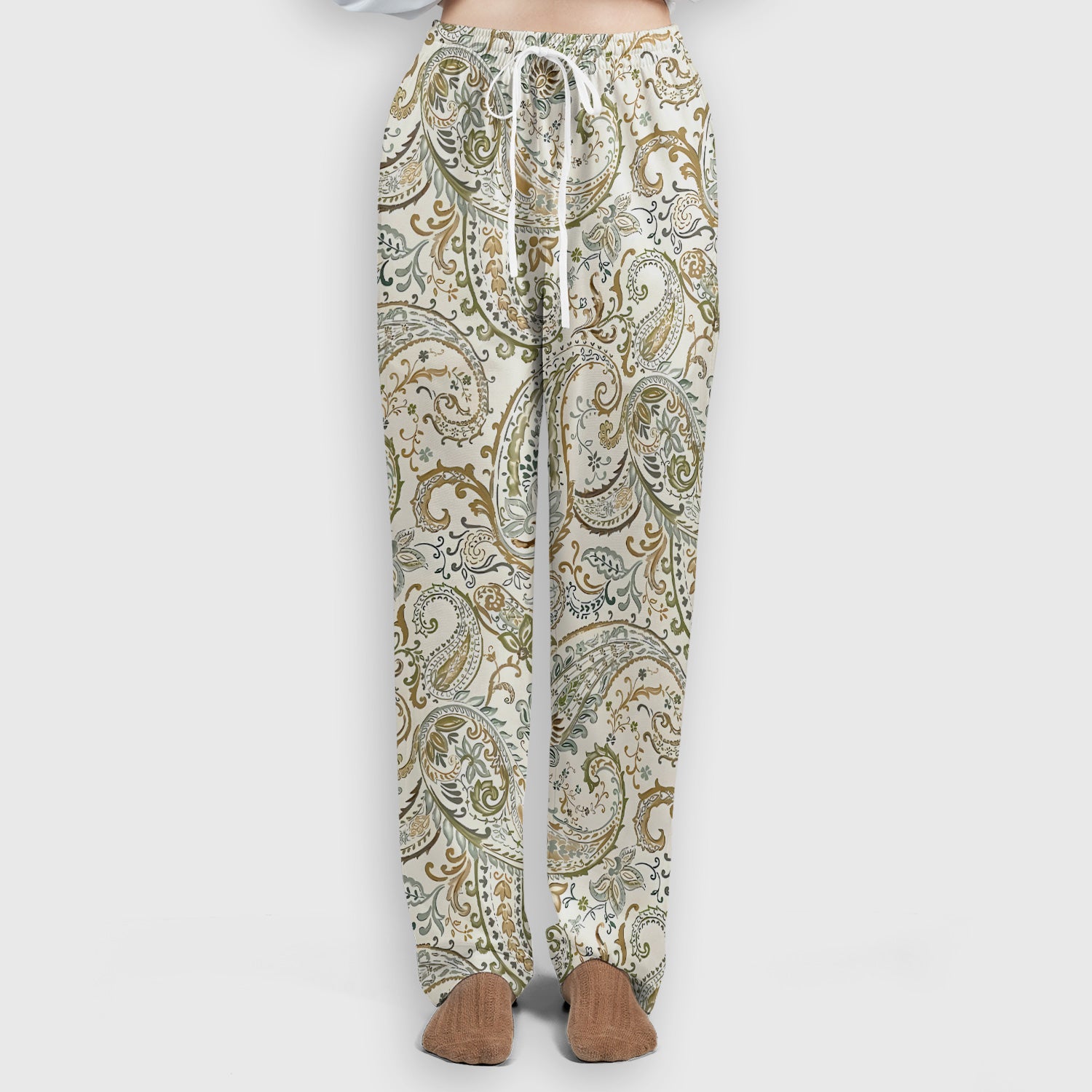 Elegant Sage Green Vintage Paisley Floral Vine Pattern Scrub Set, Scrub Pants and V Neck Top