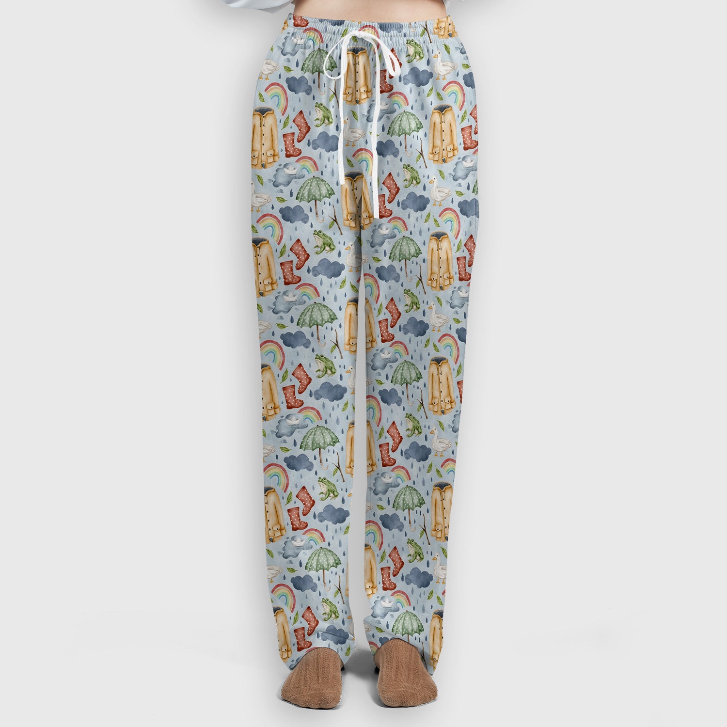 Cute Rainy Day Ducks & Frog Rainbow Pattern Scrub Set, Scrub Pants and V Neck Top