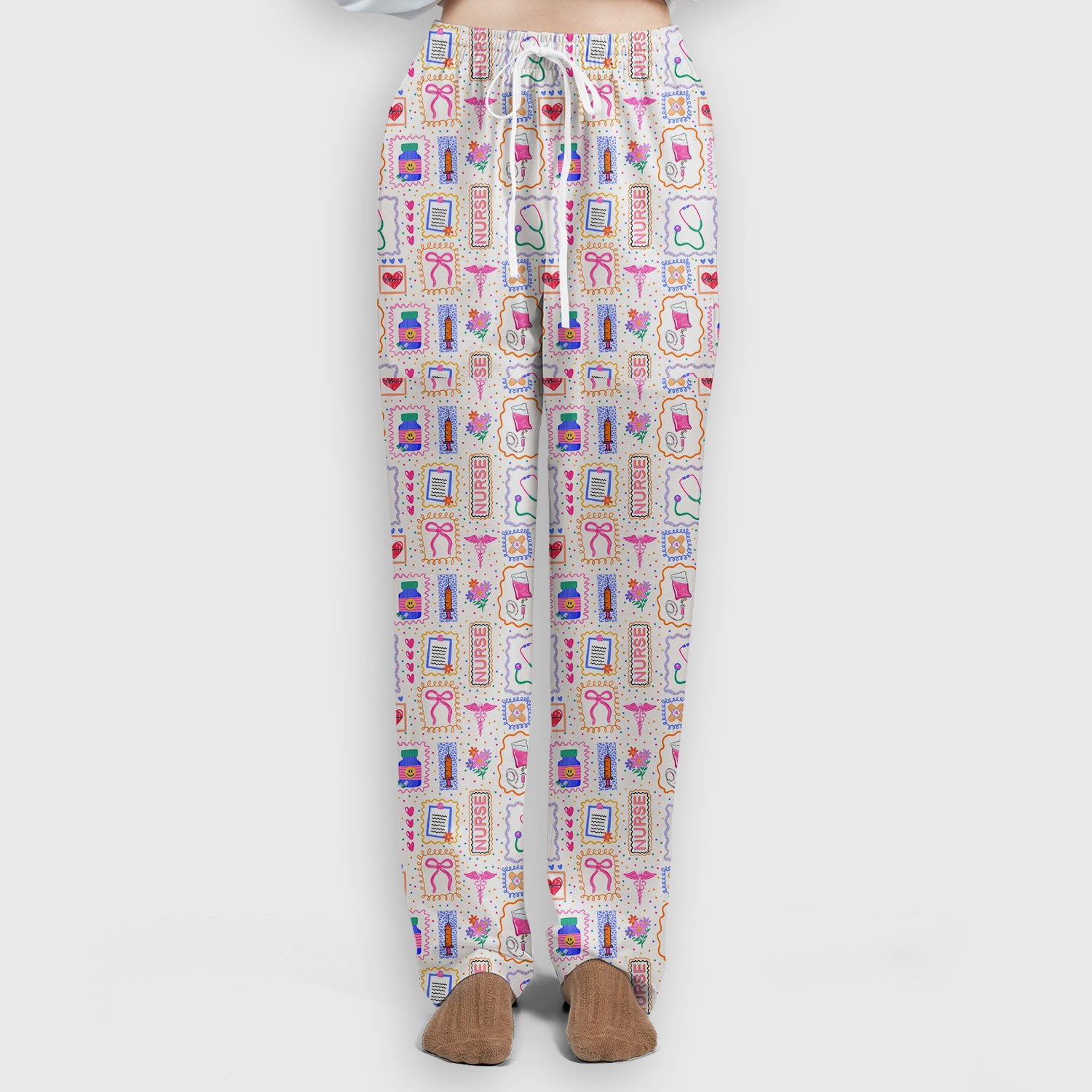 Colorful Nurse Medical Icon Pattern Scrub Set, Scrub Pants and V Neck Top