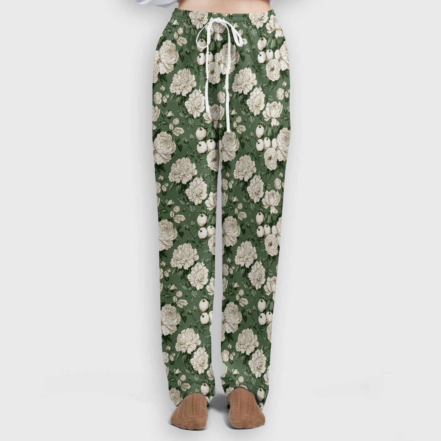 Elegant White Rose Garden Pattern Scrub Set, Scrub Pants and V Neck Top