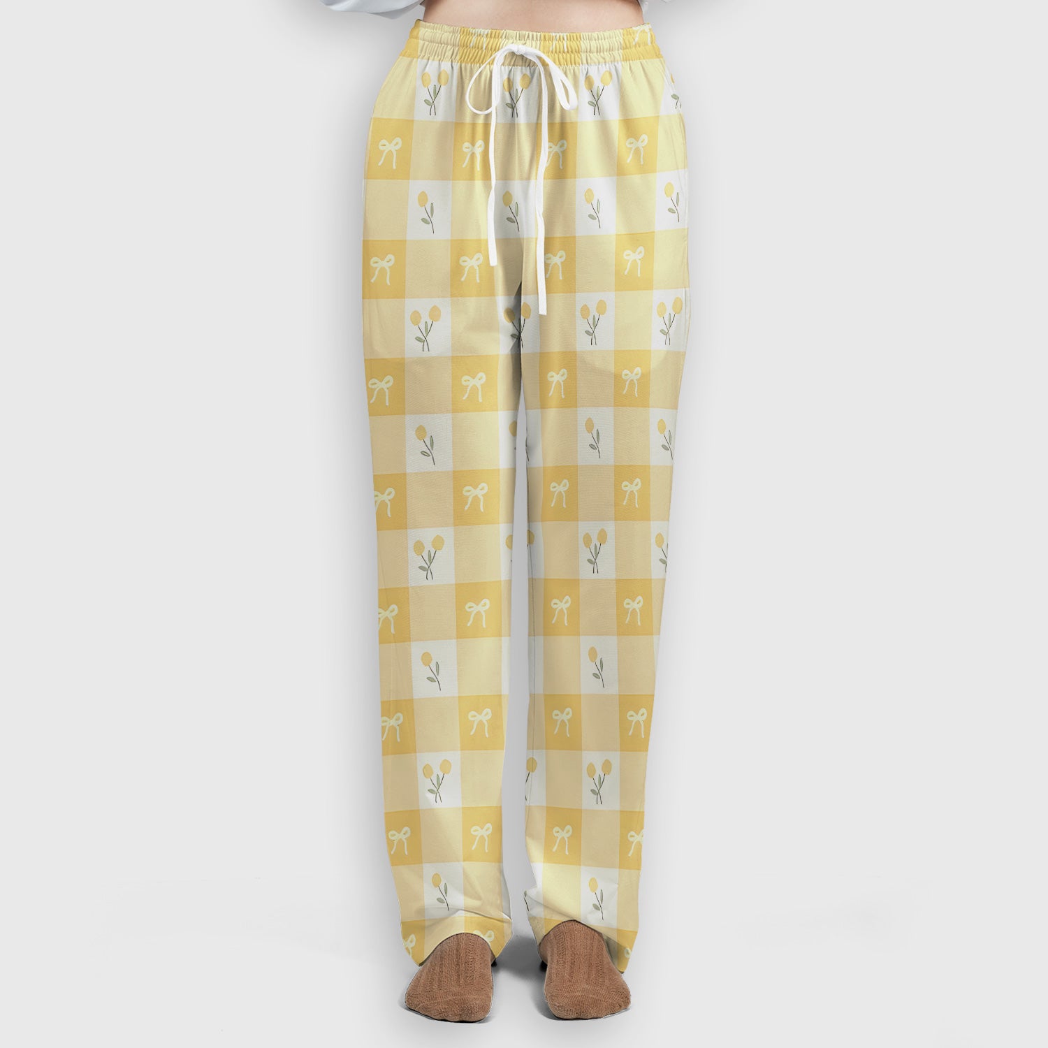 Yellow Gingham Bow Floral Pattern Scrub Set, Scrub Pants and V Neck Top