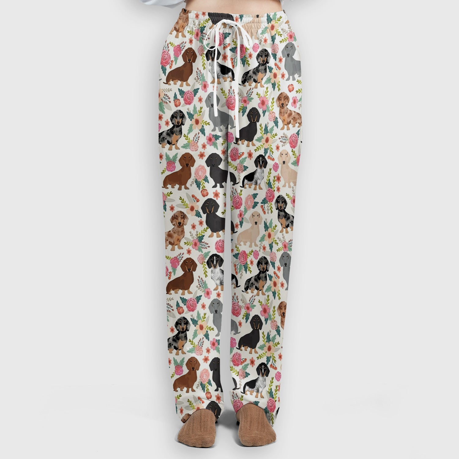 Adorable Dachshund Floral Pattern Scrub Set, Scrub Pants and V Neck Top