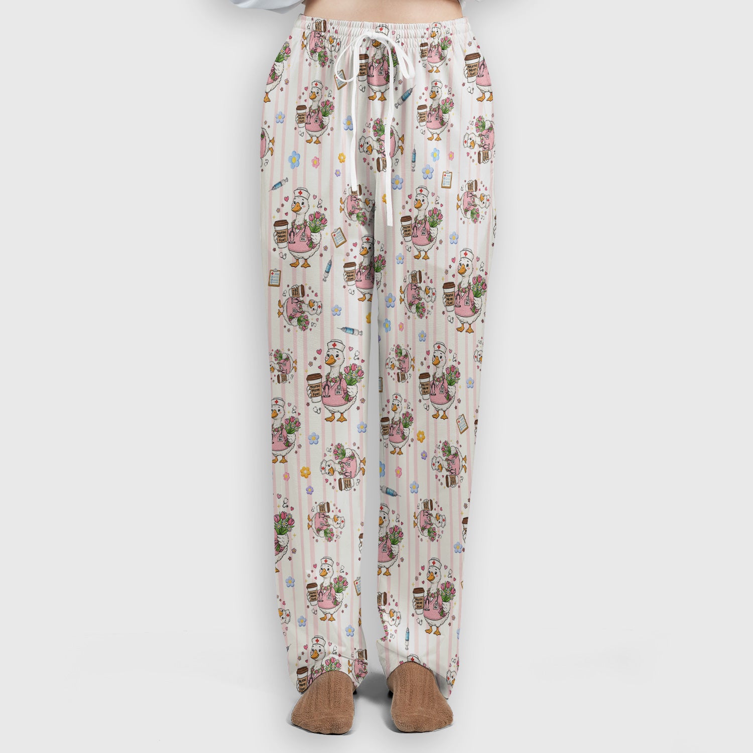 Cartoon Nurse Goose Pattern Scrub Set, Scrub Pants and V Neck Top