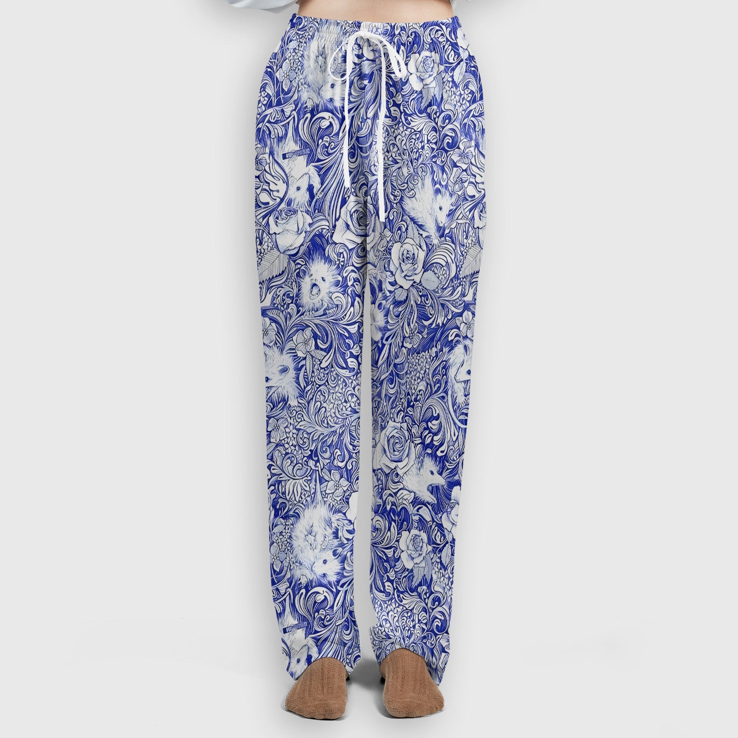 Blue Toile Porcupine Floral Pattern Scrub Set, Scrub Pants and V Neck Top