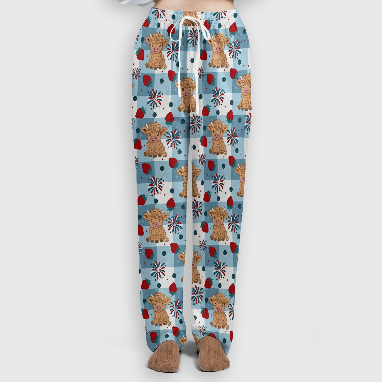 Highland Cow Strawberry Firework Gingham Pattern Scrub Set, Scrub Pants and V Neck Top