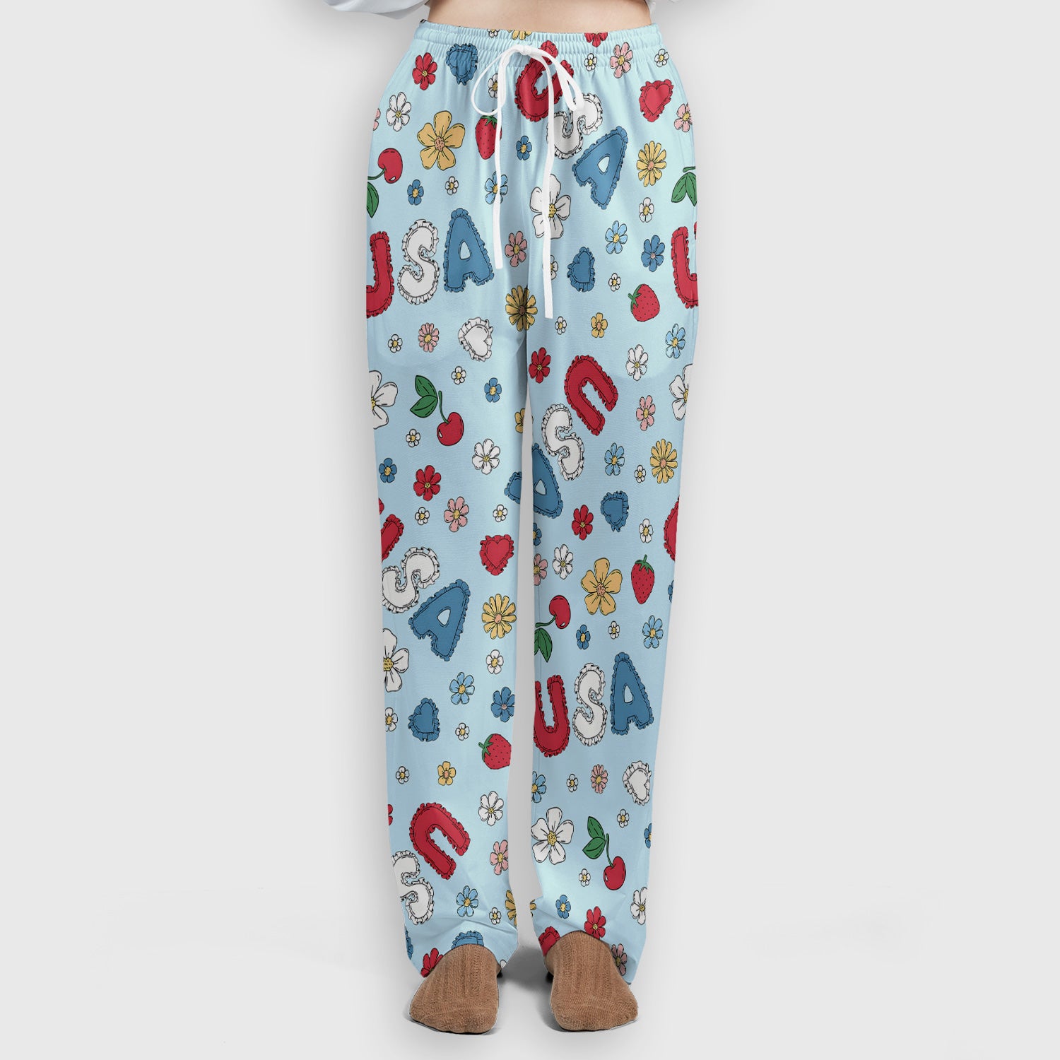 USA Cherry Strawberry Floral Patch Pattern Scrub Set, Scrub Pants and V Neck Top