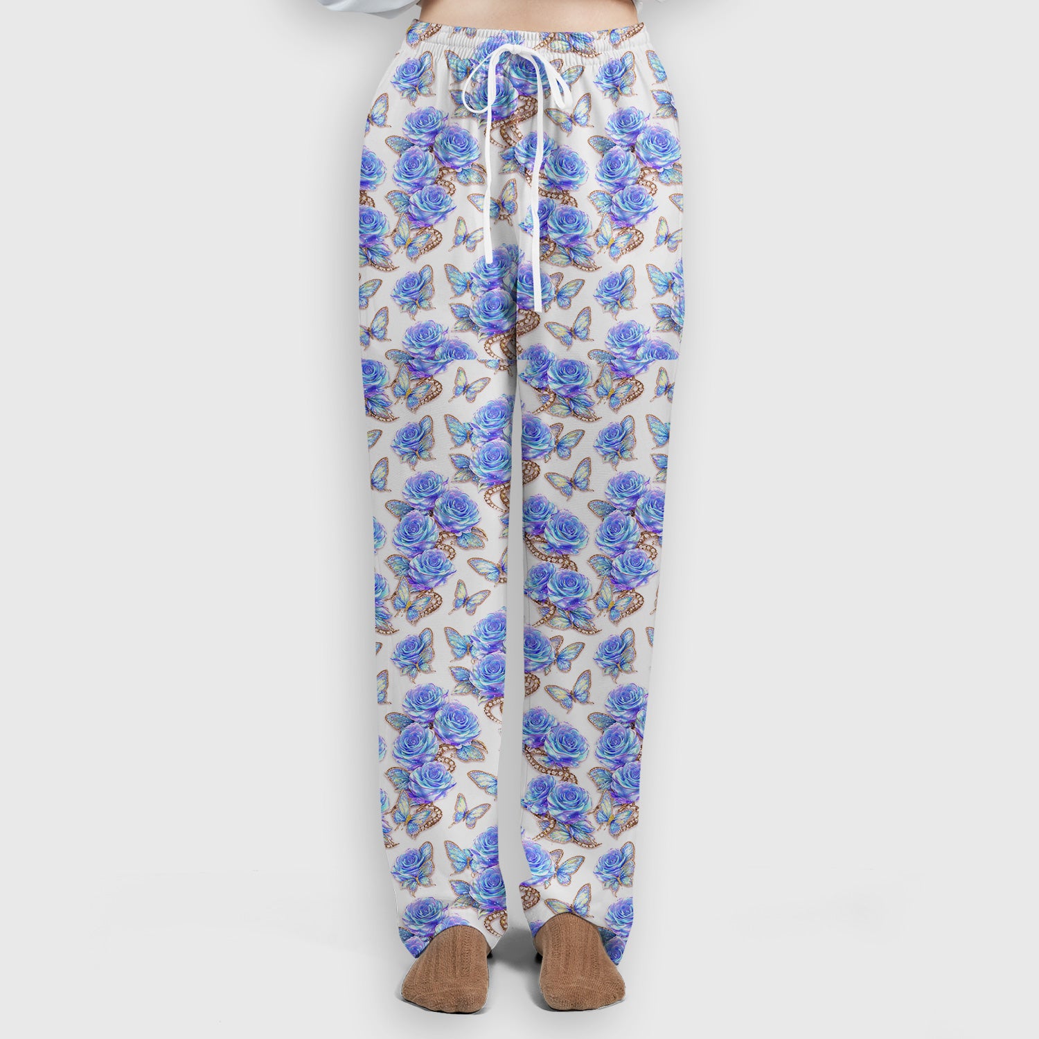 Elegant Blue Rose Floral Print Scrub Set, Scrub Pants and V Neck Top