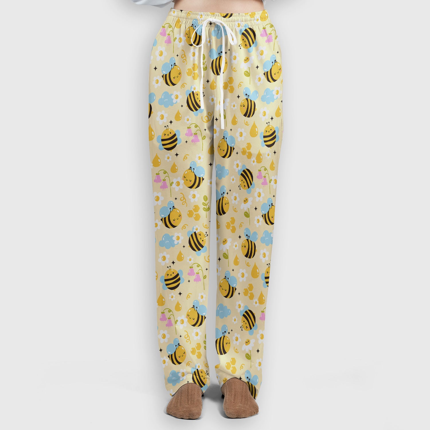 Honey Bee Flower Cloud Pattern Scrub Set, Scrub Pants and V Neck Top