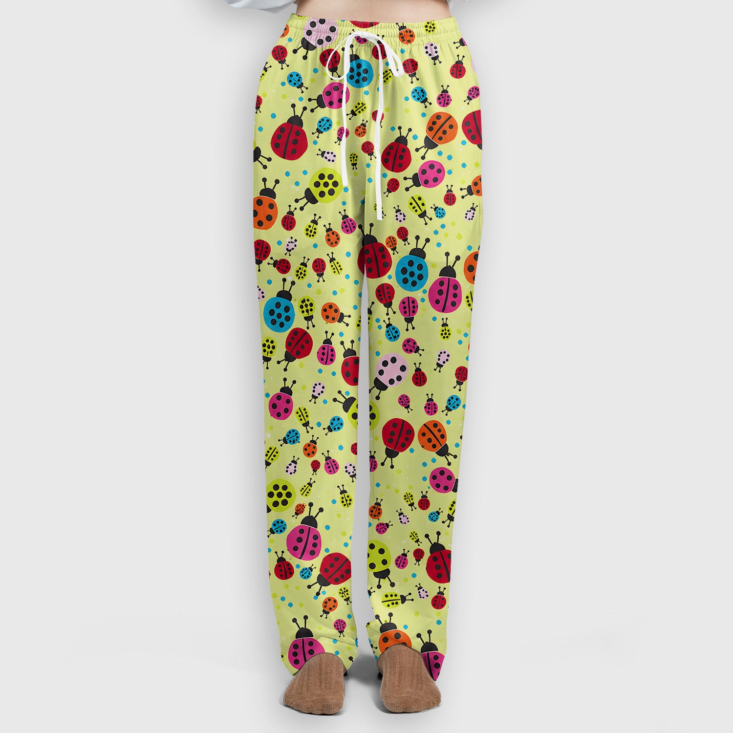 Colorful Ladybug Garden Pattern Scrub Set, Scrub Pants and V Neck Top