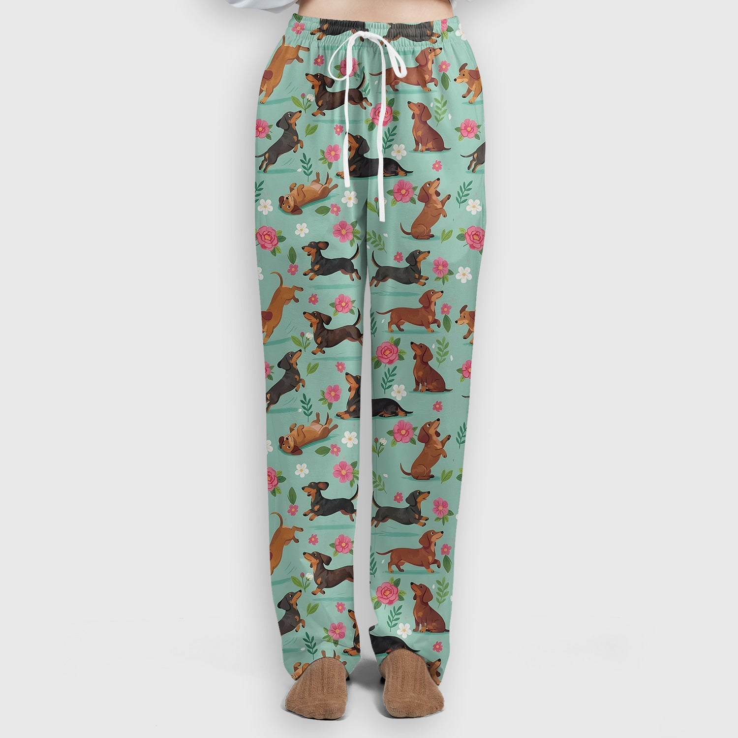 Cute Floral Dachshund Puppy Pattern Scrub Set, Scrub Pants and V Neck Top