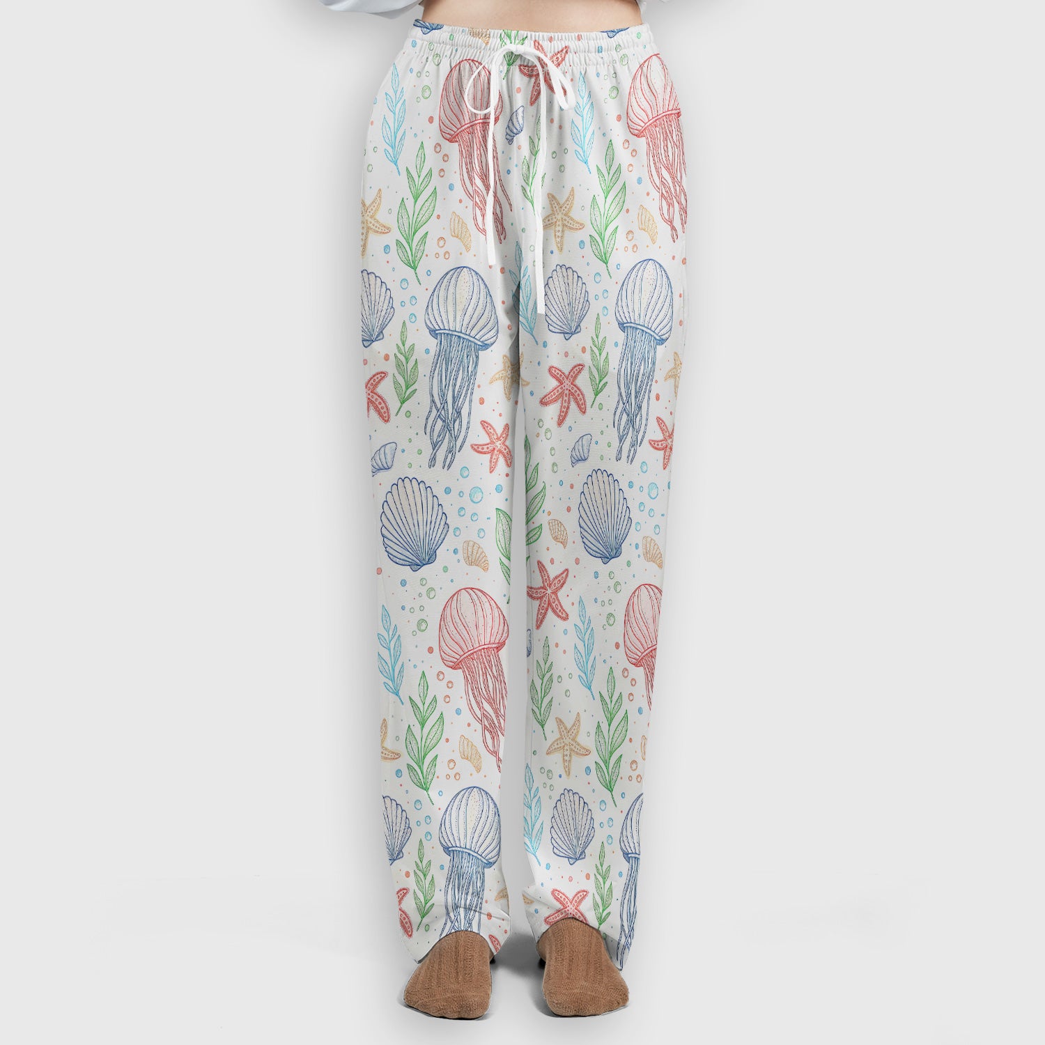 Ocean Jellyfish Starfish Seashell Pattern Scrub Sets, Scrub Pants and V Neck Top
