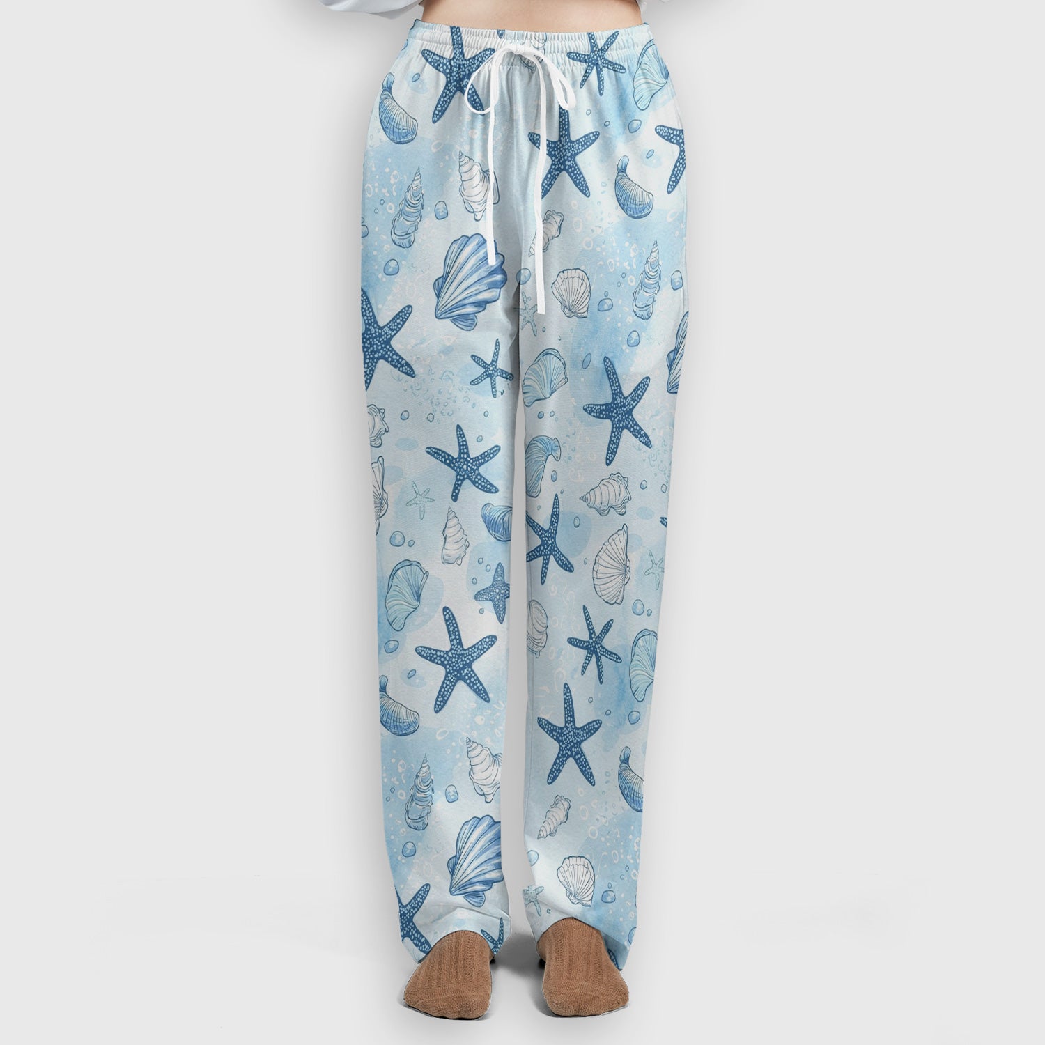 Blue Sea Shells Starfish Pattern Scrub Sets, Scrub Pants and V Neck Top