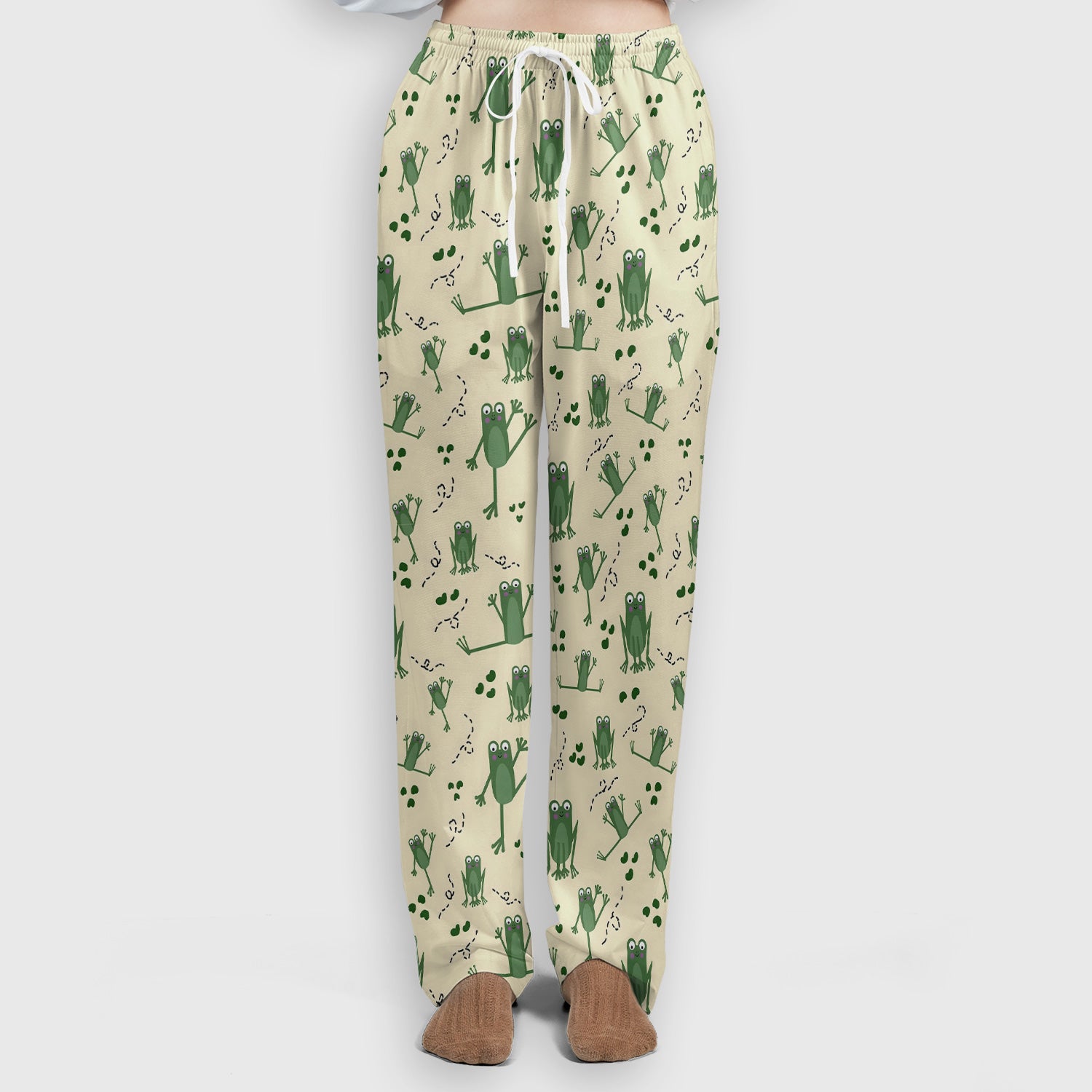 Frog Jumping Footprint Trail Pattern Scrub Set, Scrub Pants and V Neck Top