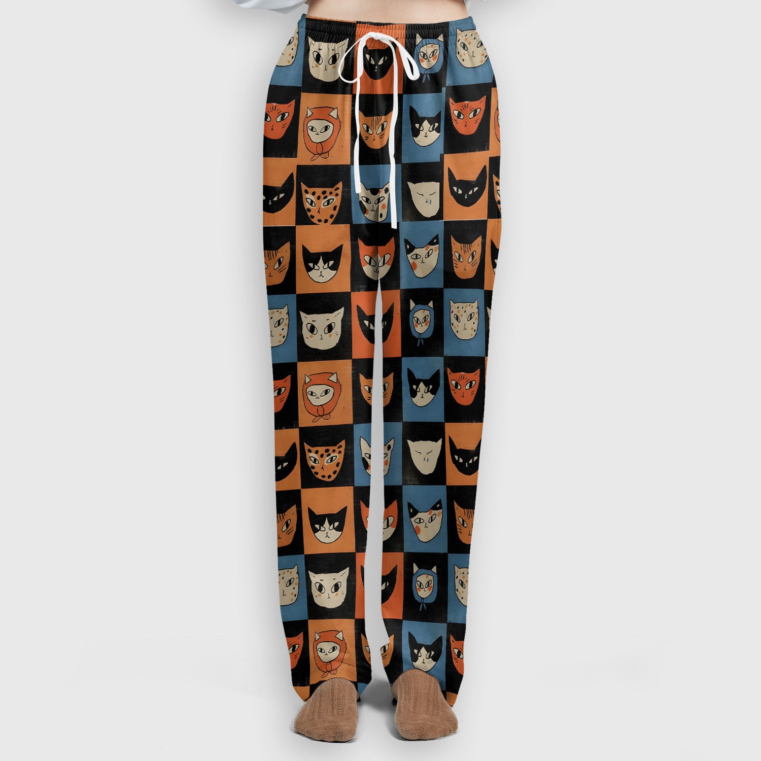 Cute Retro Cat Faces Checkerboard Print Scrub Set, Scrub Pants and V Neck Top