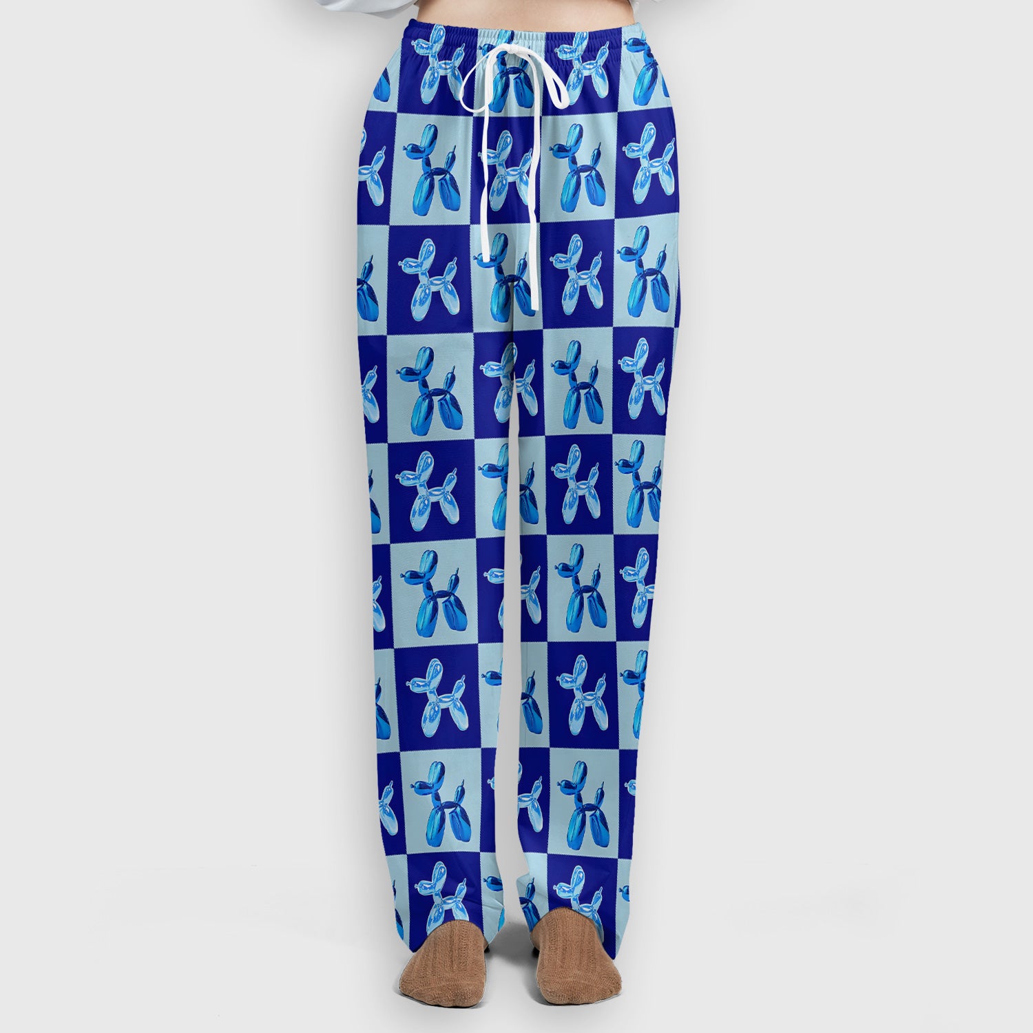 Cute Blue Balloon Dog Checkered Pattern Scrub Set, Women's Scrub Sets