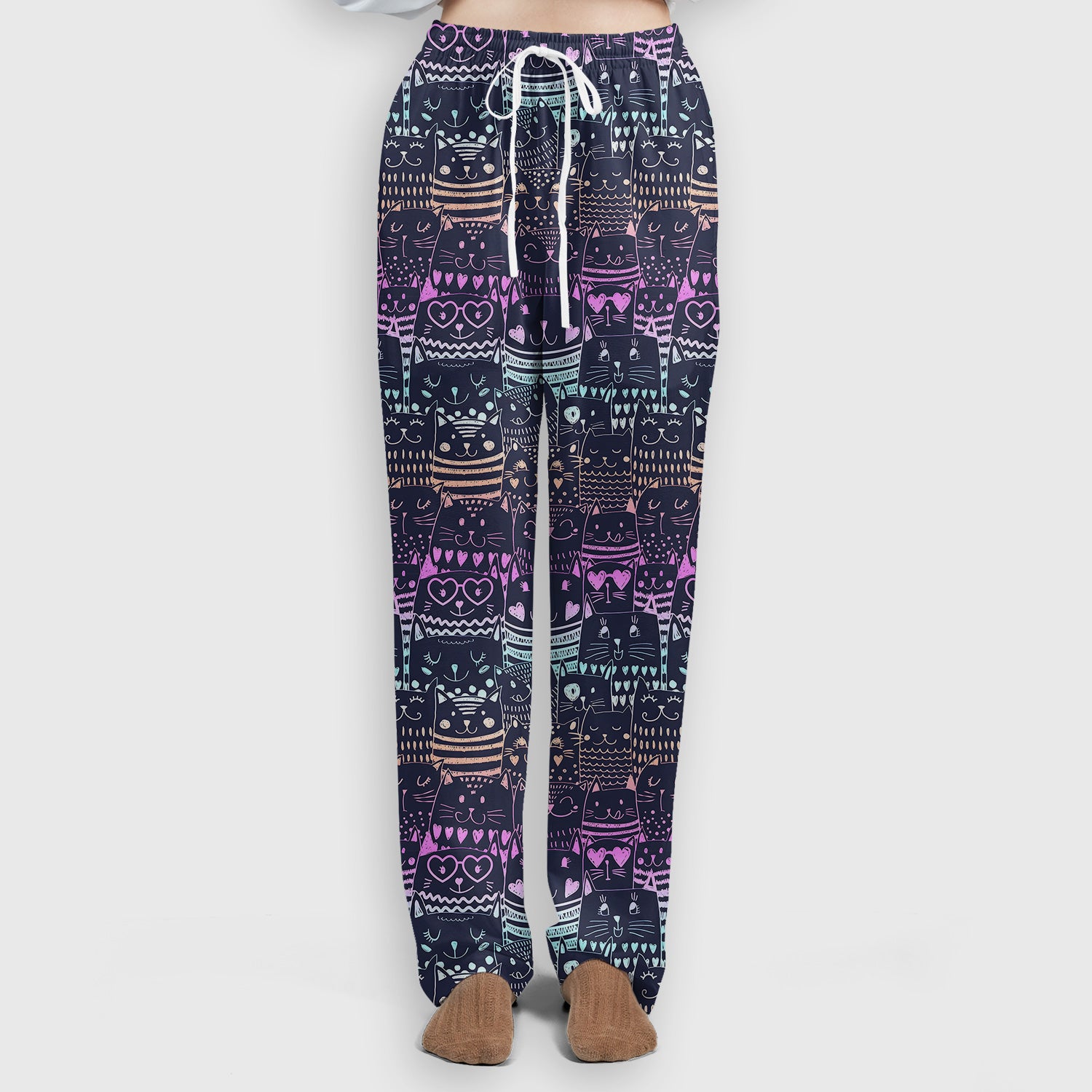 Cute Neon Cat Faces Pattern Scrub Set, Scrub Pants and V Neck Top