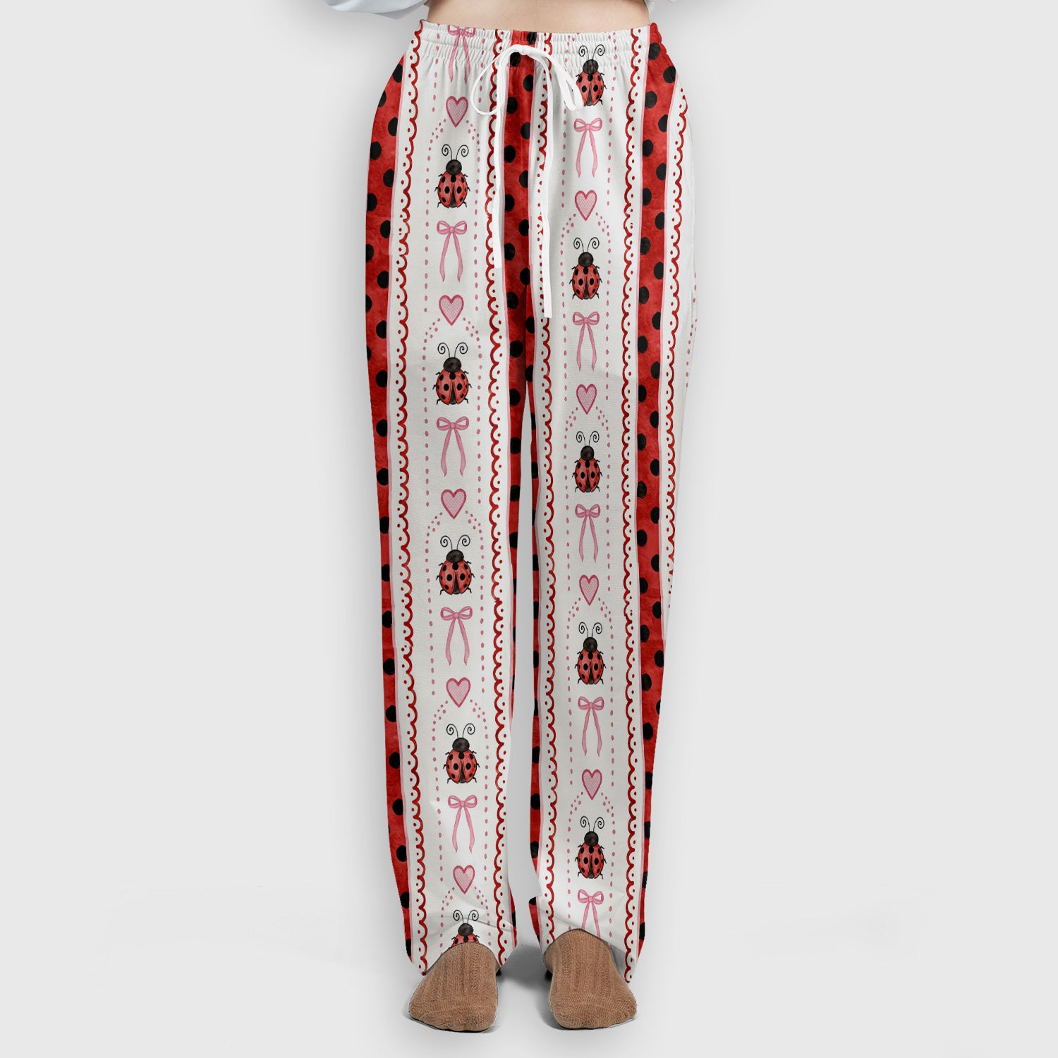 Cute Ladybug Heart Bow Stripe Pattern Scrub Set, Red Polka Dot Scrub Pants and V Neck Top