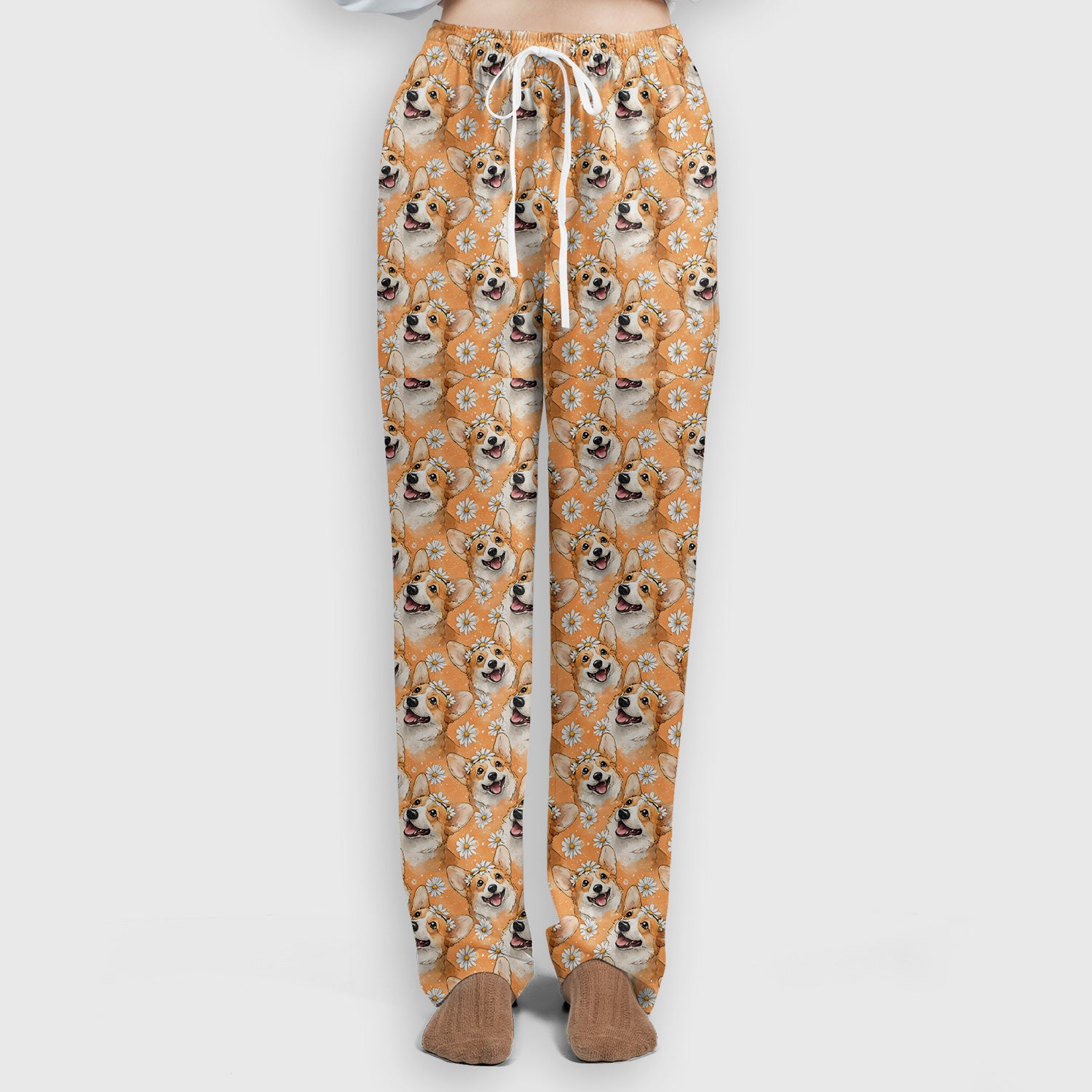 Happy Corgi Daisy Floral Pattern Orange Scrub Set,  Breathable Med Uniform