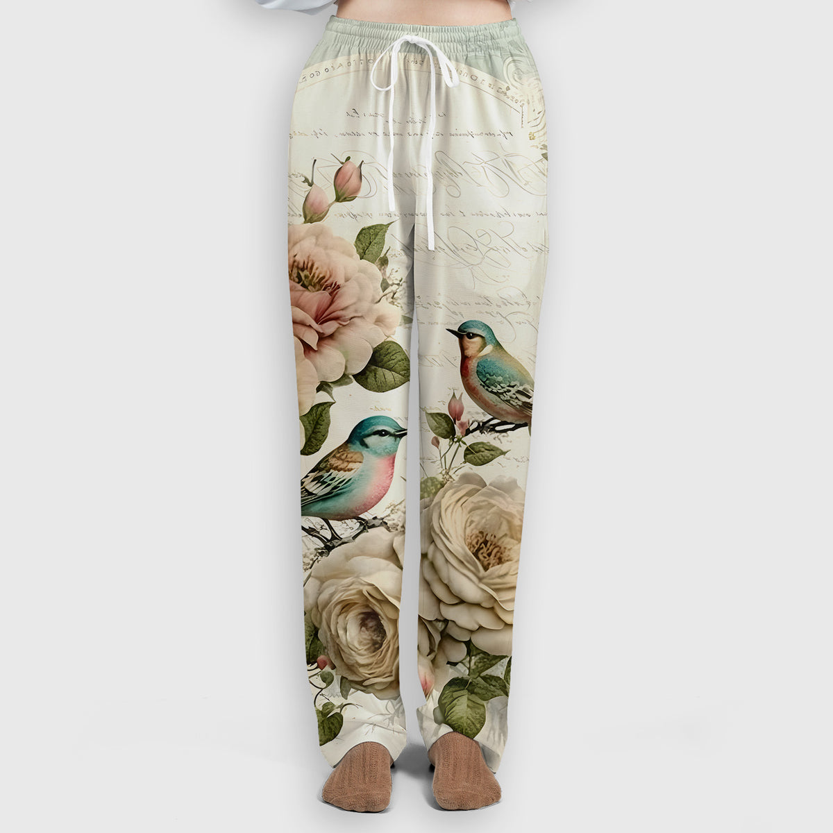 Vintage Birds Rose Pattern Scrub Set, Scrub Pants and V Neck Top