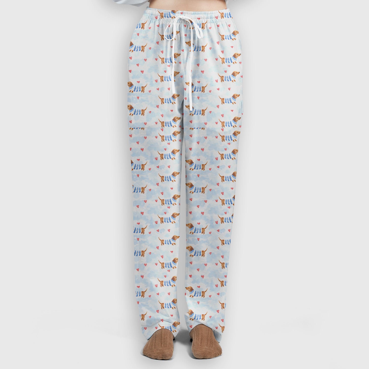 Sweet Dachshund And Pink Hearts Print Scrub Set, Scrub Pants and V Neck Top