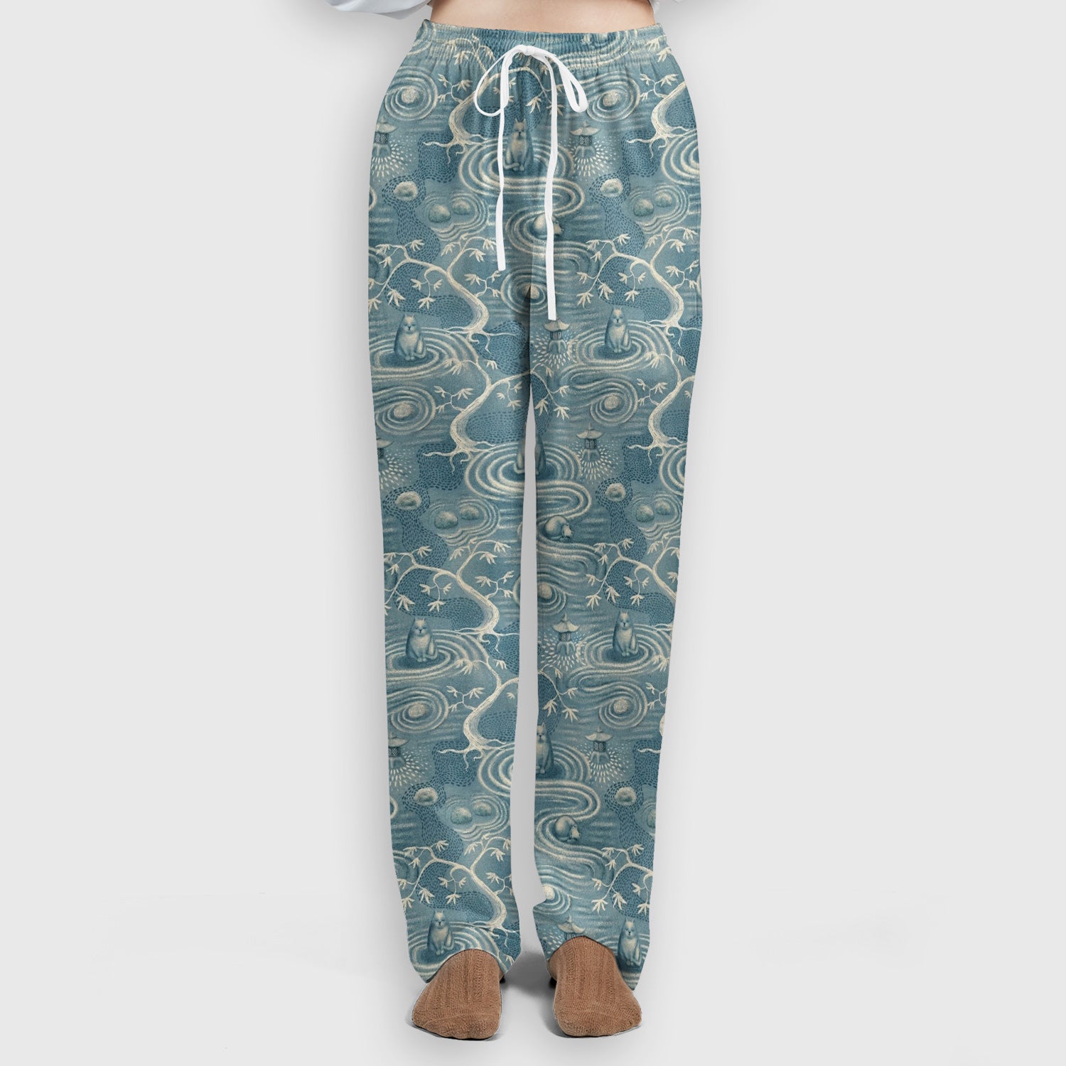 Zen Cat Water Garden Pattern Scrub Set, Scrub Pants and V Neck Top