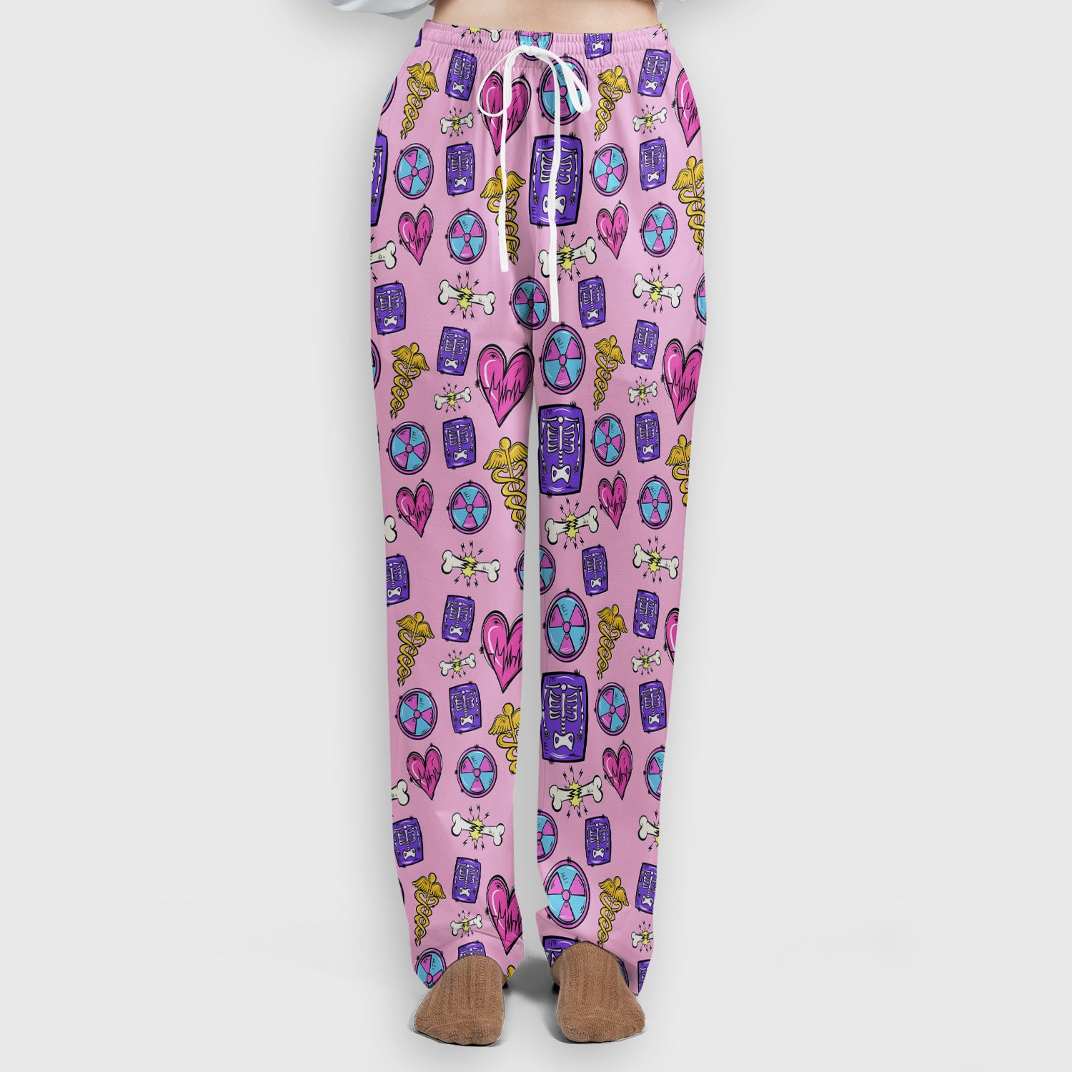 Sassy Nurse Heart Bone Caduceus Xray Icon Print Scrub Set, Scrub Pants and V Neck Top