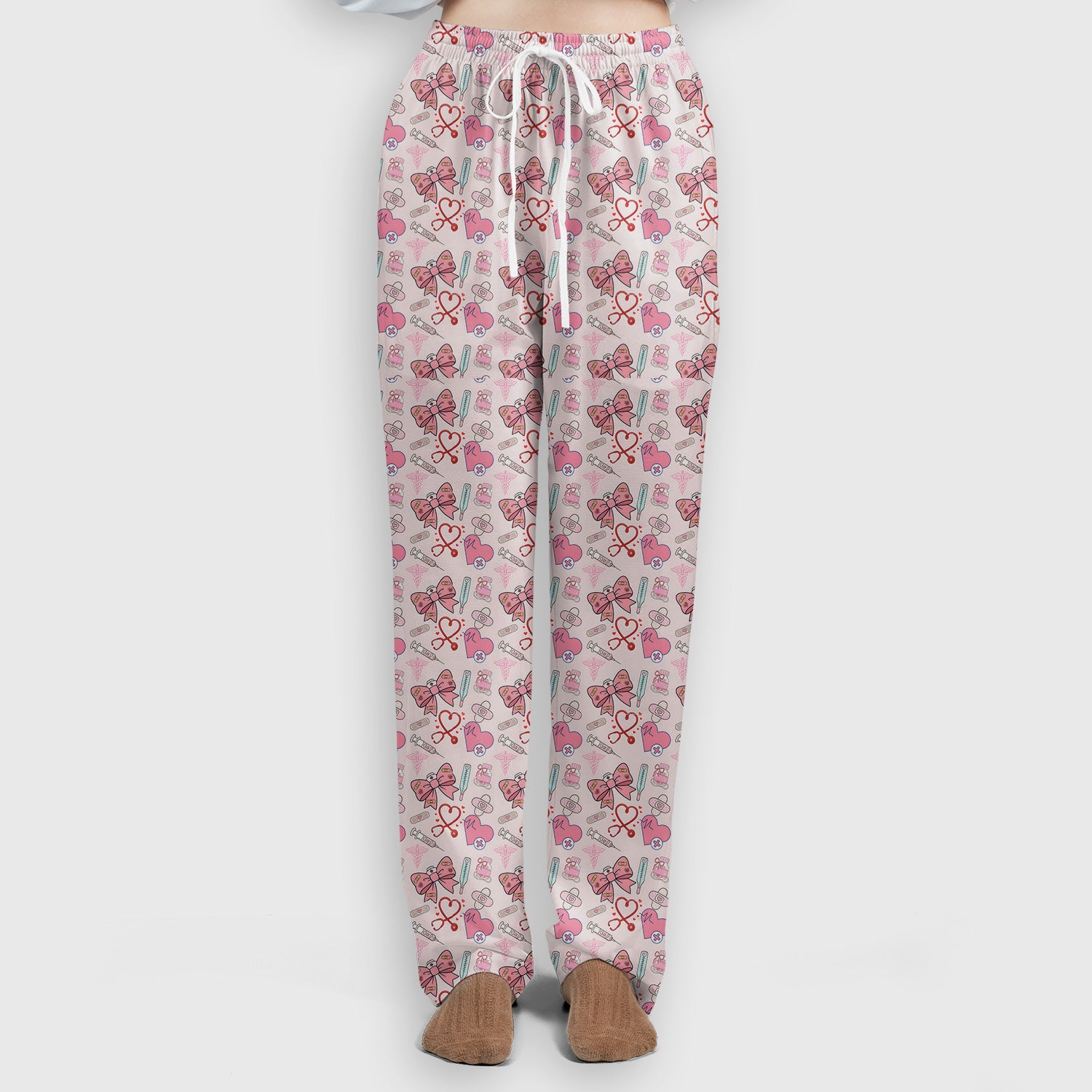 Pink Nurse Bow Heart Print Scrub Set, Scrub Pants and V Neck Top