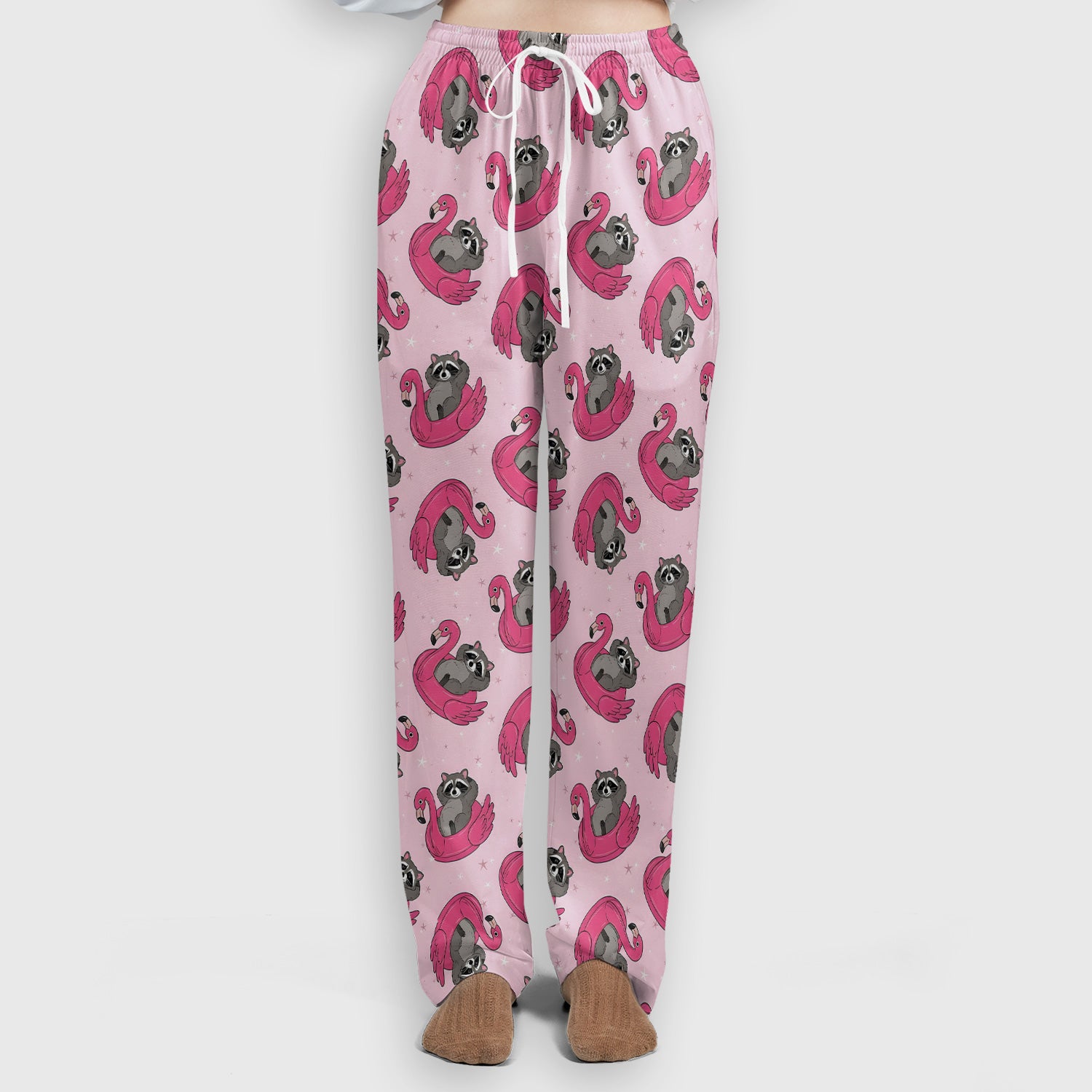 Cute Raccoon Flamingo Float Pattern Scrub Set, Scrub Pants and V Neck Top