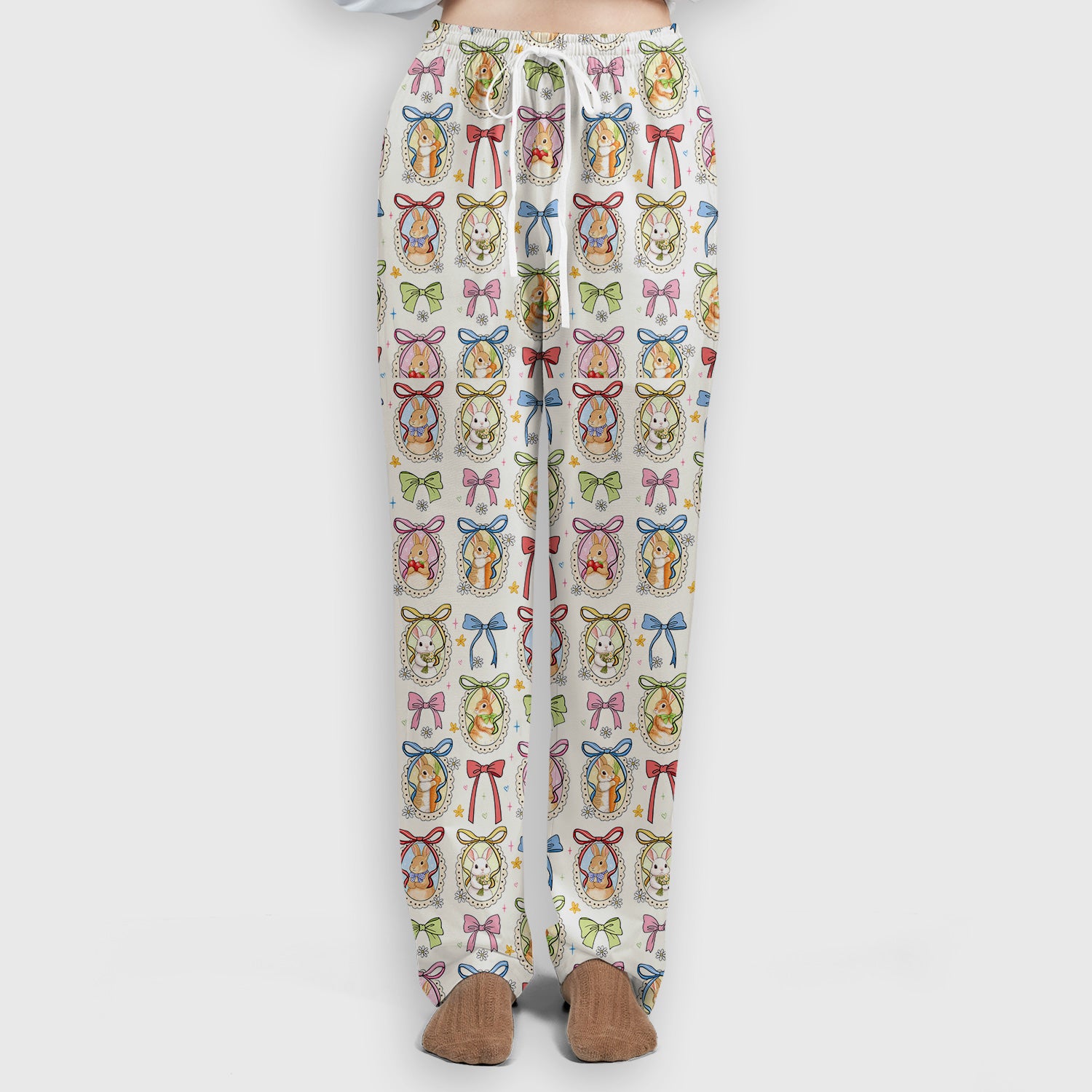 Cute Easter Bunny Cameo Colorful Bow Pattern Scrub Set, Breathable Med Uniform