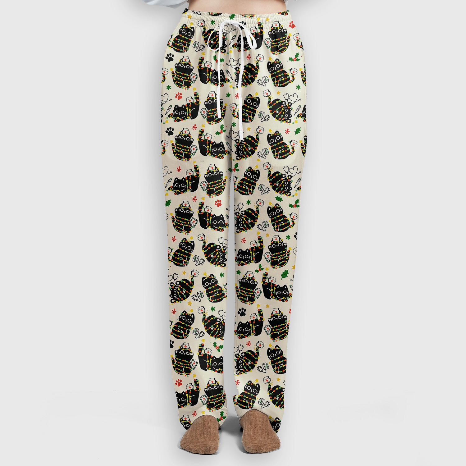 Black Cat Christmas Scrub Set – Nurse & Holiday Lights Pattern Shirt – Cute Medical Uniform For Nursing