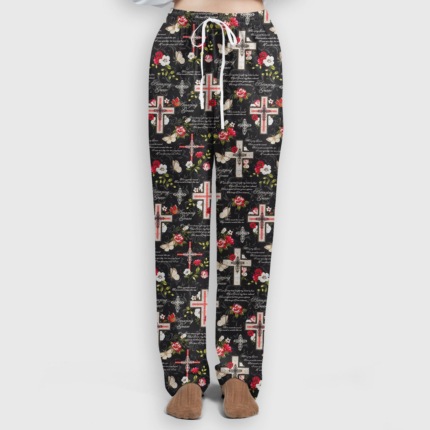 Christian Cross Roses And Butterflies Print Scrub Set, Scrub Pants and V Neck Top
