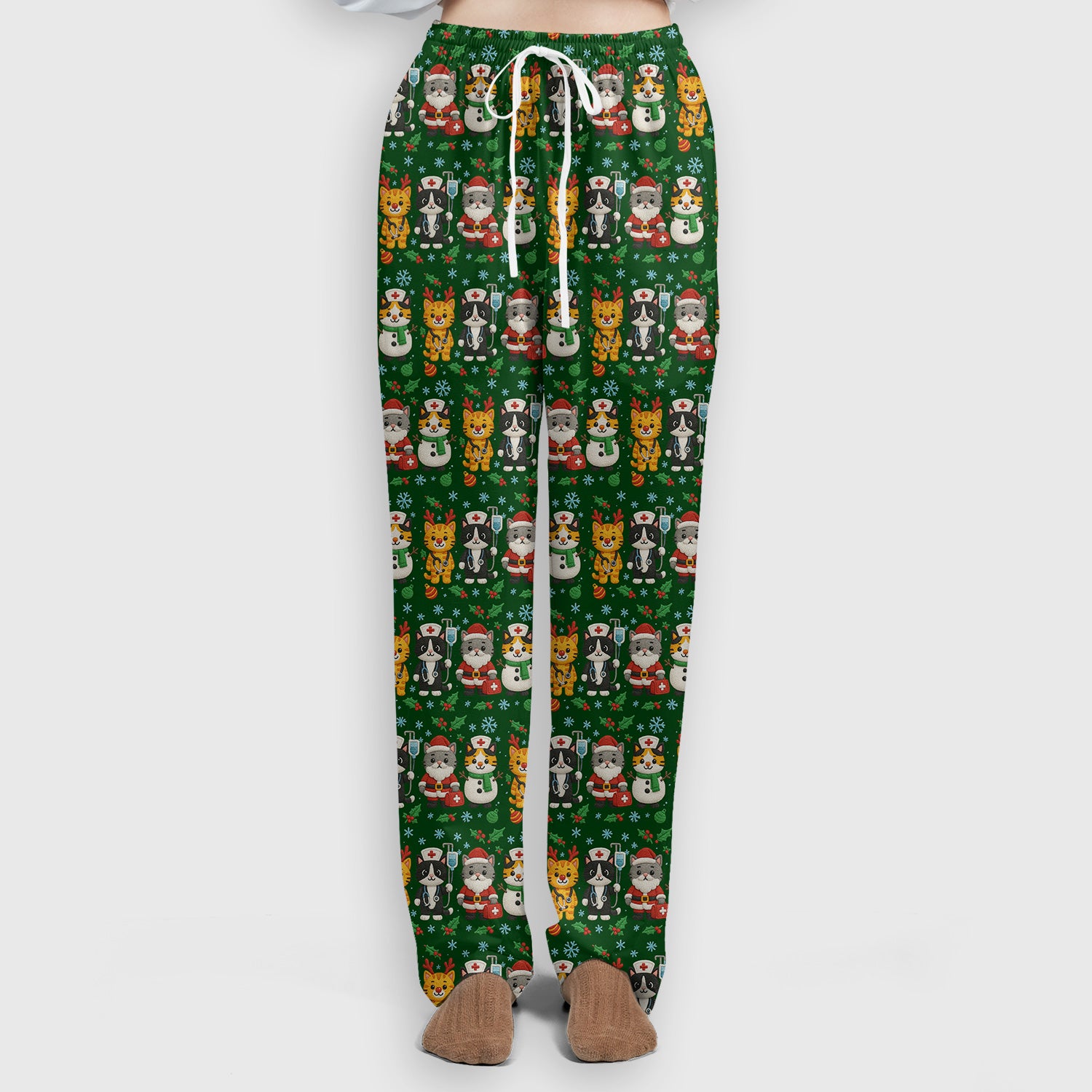 Christmas Cat Nurse Pattern Scrub Set, Cute Holiday Kitty Medical Uniform Shirt For Nursing