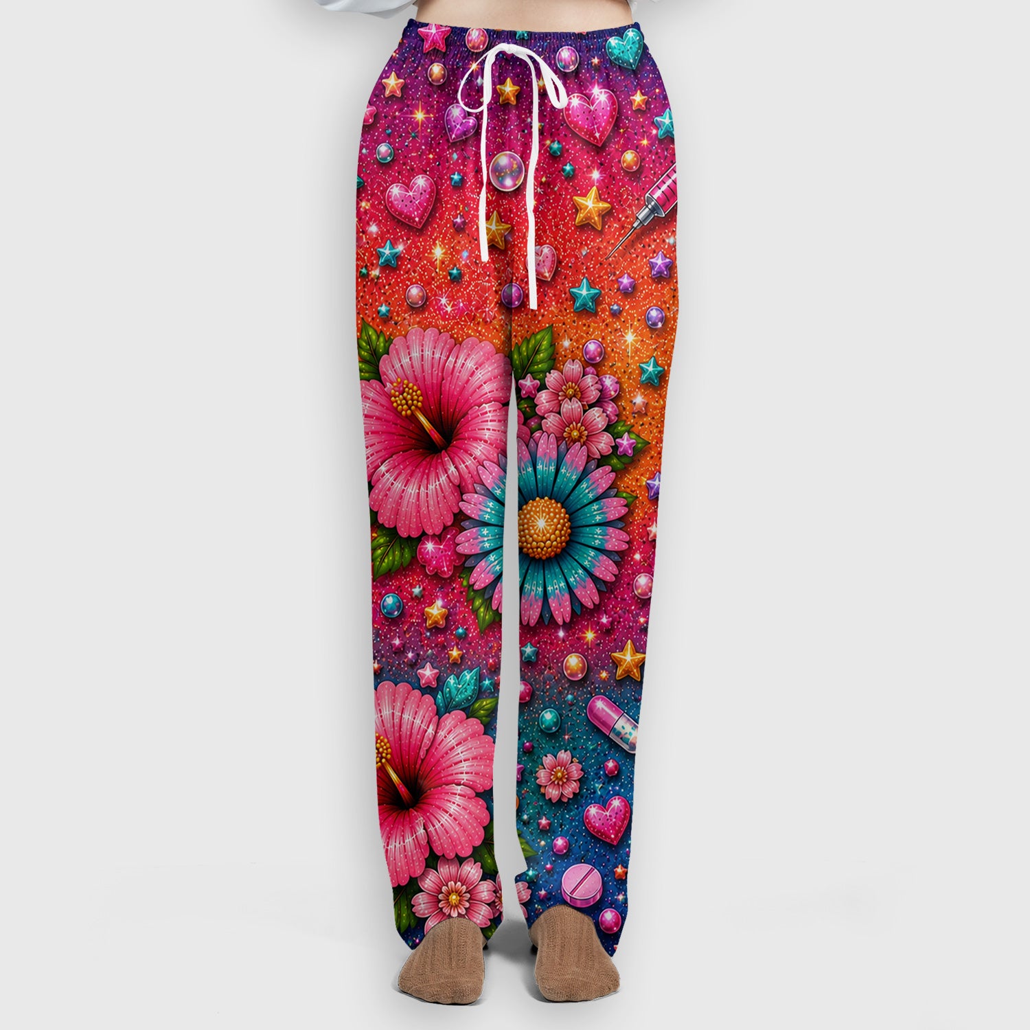 Colorful Nurse Life Heart Pattern Scrub Set, Scrub Pants and V Neck Top