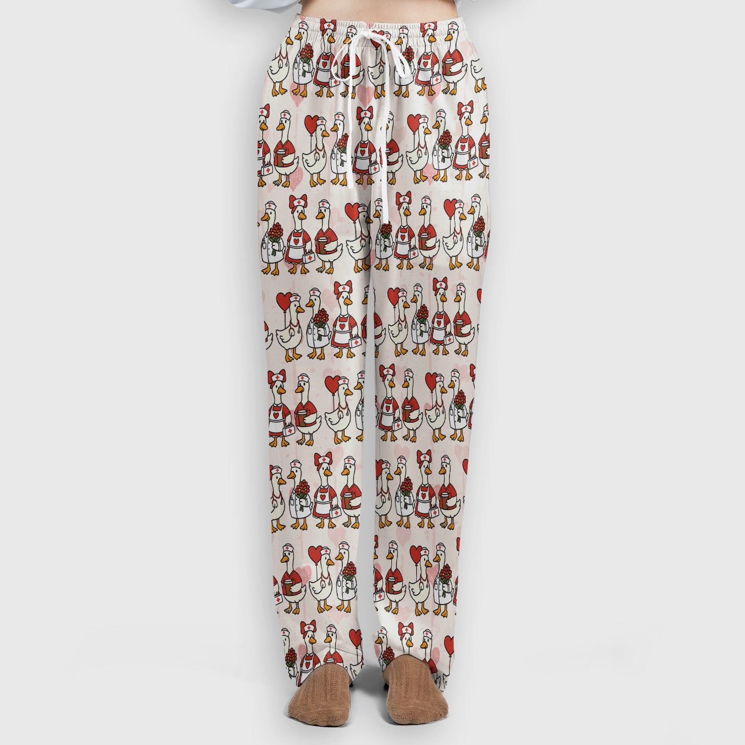 Valentine Nurse Goose with Heart Pattern Scrub Set, Scrub Pants and V Neck Top