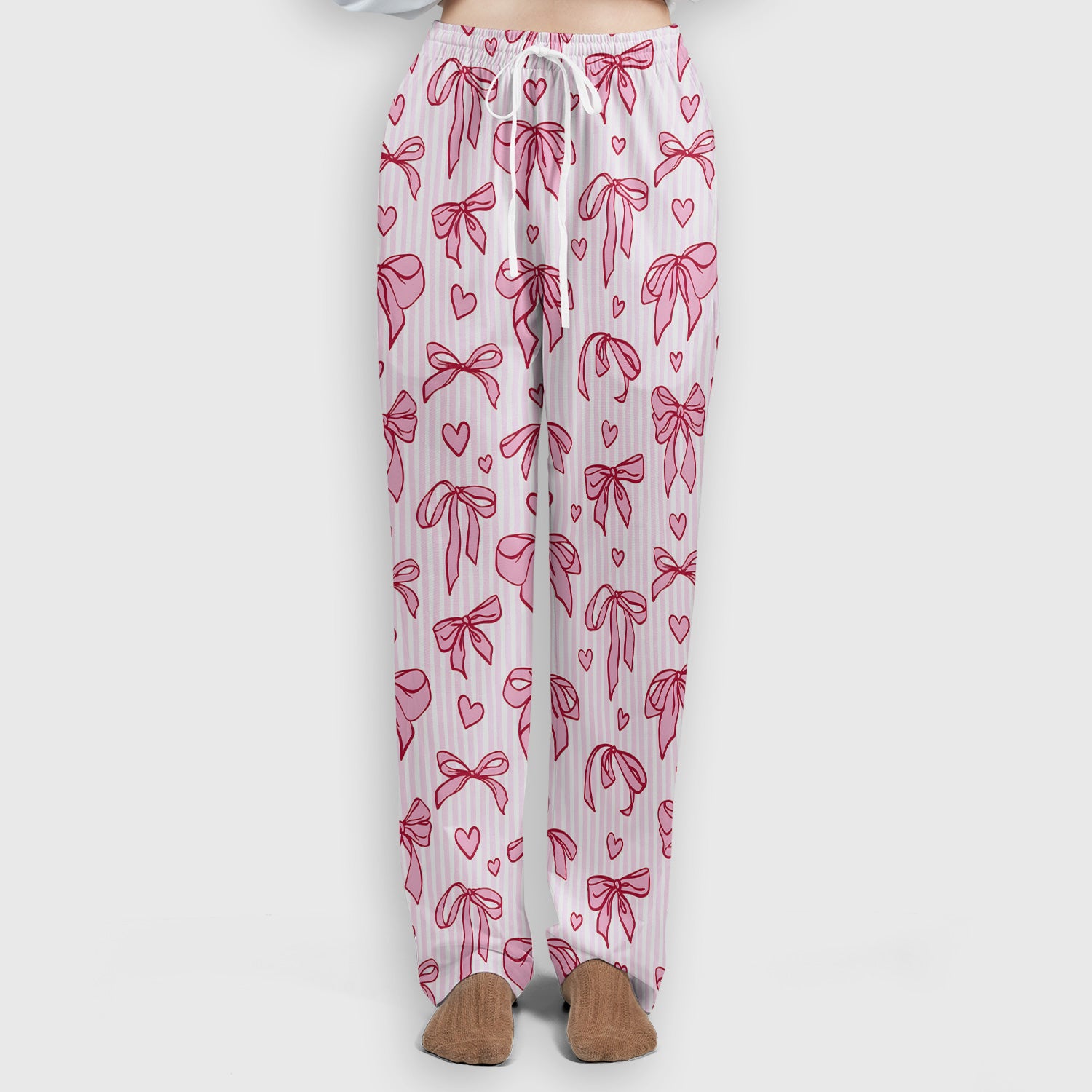 Pink Bow Heart Stripe Pattern Scrub Set, Scrub Pants and V Neck Top