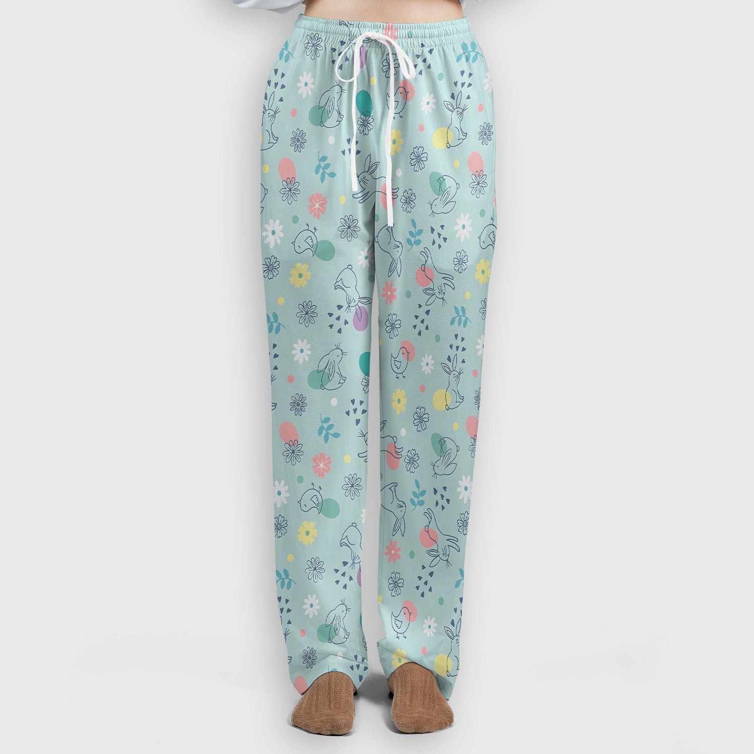 Whimsical Easter Bunny Eggs Pattern Scrub Set, Scrub Pants and V Neck Top