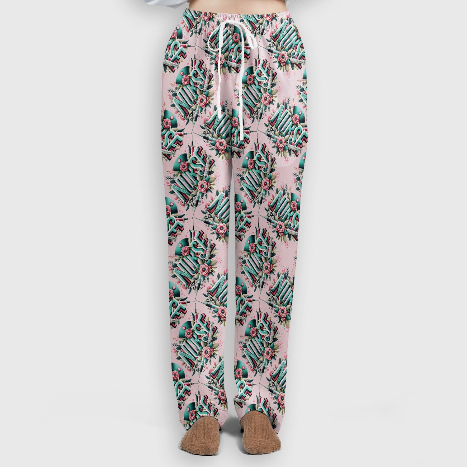 Cute Nurse Typography Floral Medical Pattern Scrub Set, Scrub Pants and V Neck Top