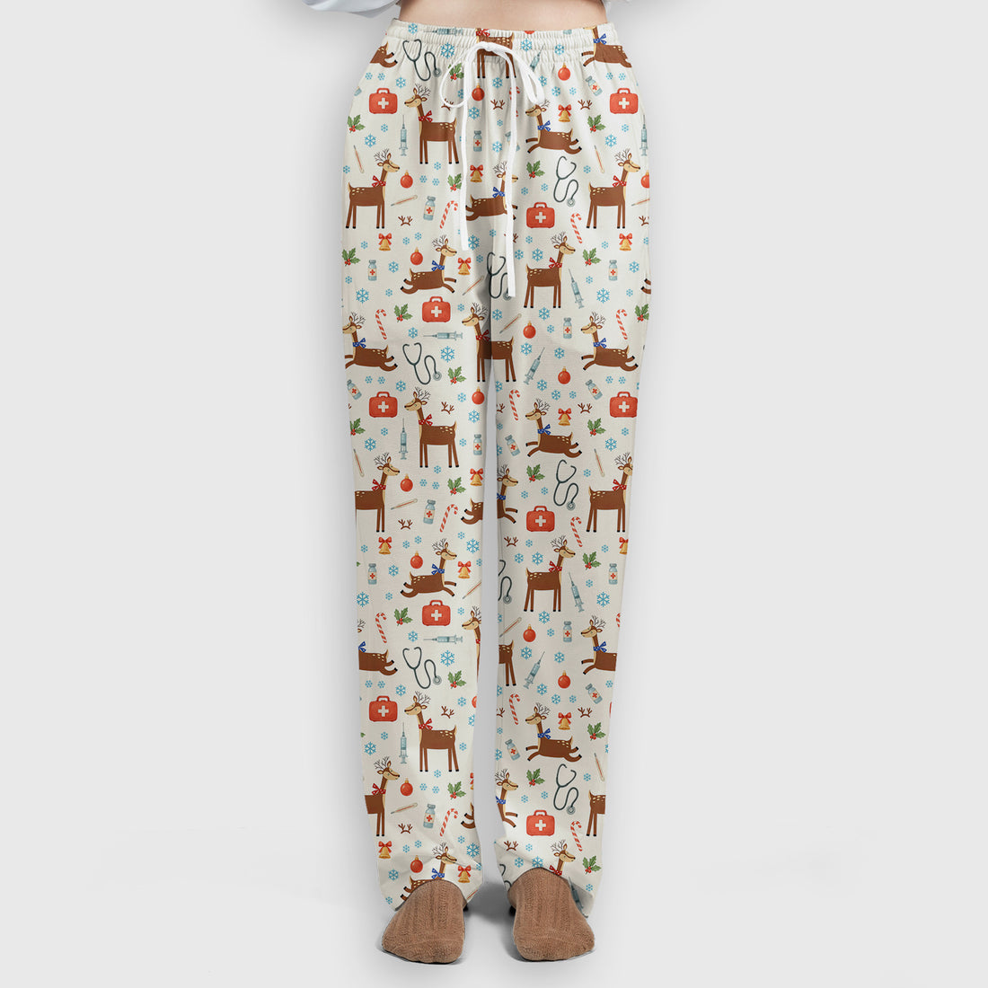 Reindeer Christmas Scrub Set - Snowflakes Candy Canes Holiday Scrubs Pants and V Neck Top - Xmas Gift for Women RN CNA LPN
