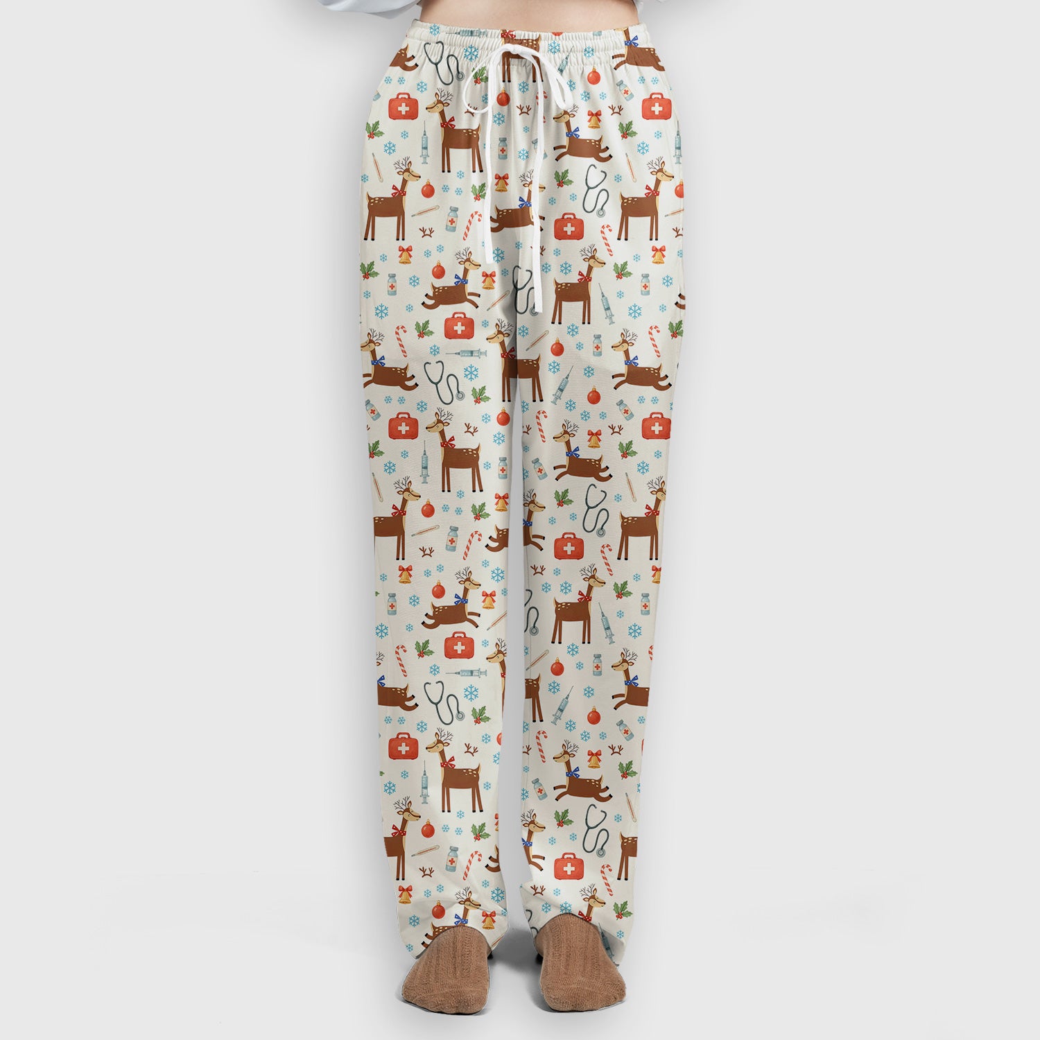 Reindeer Christmas Scrub Set - Snowflakes Candy Canes Holiday Scrubs Pants and V Neck Top - Xmas Gift for Women RN CNA LPN