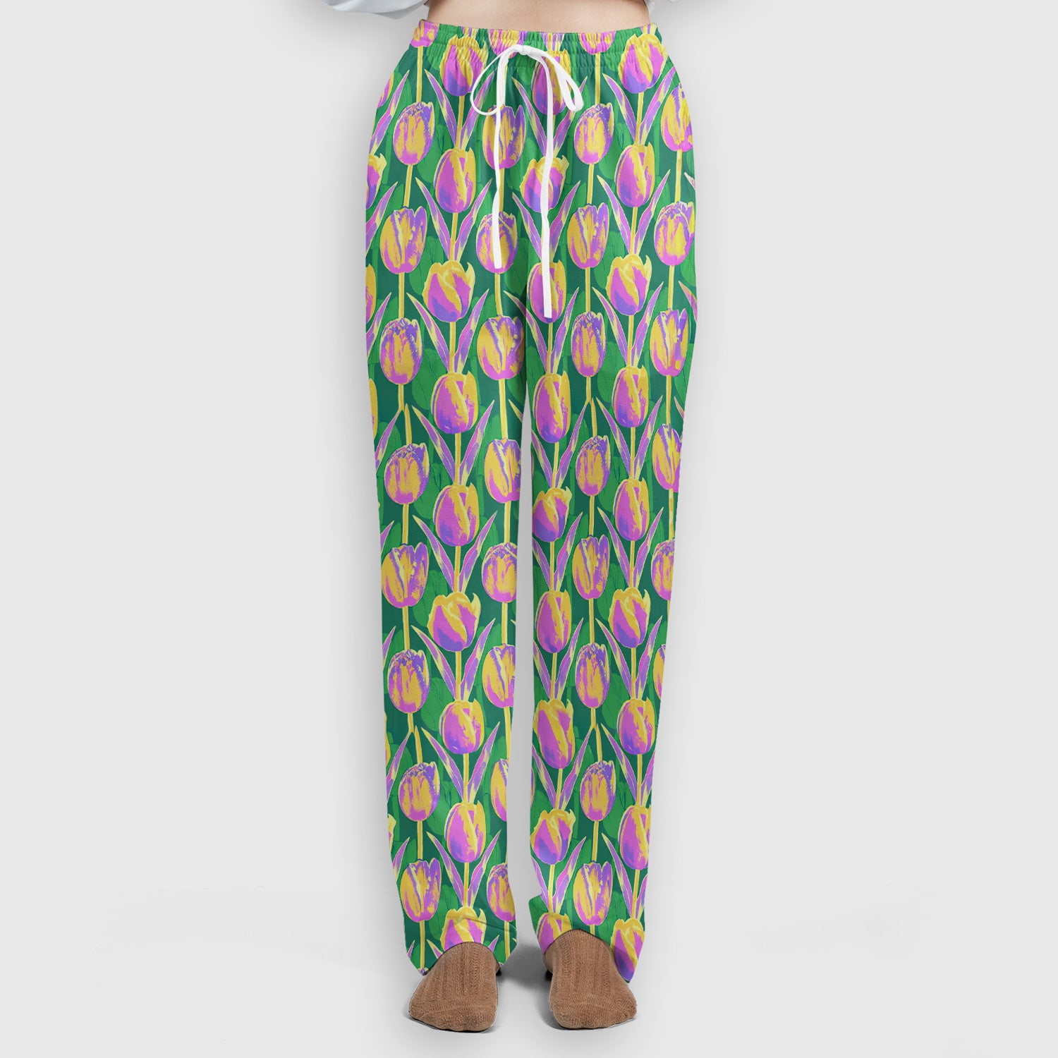 Colorful Tulip Floral Pattern Scrub Set, Scrub Pants and V Neck Top