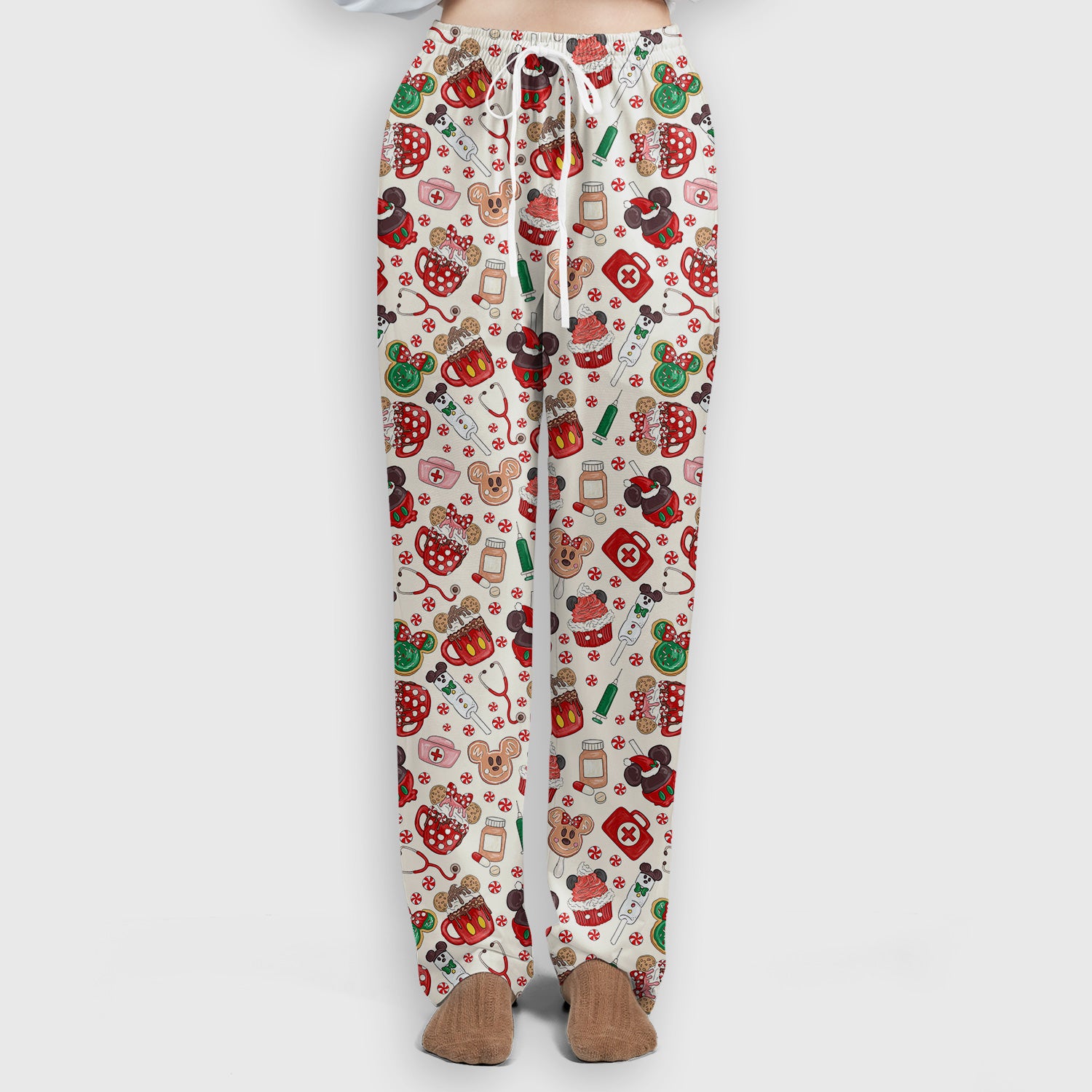 Gingerbread Christmas Comfortable Scrub Set for Nurses - Funny Cookies Candy Cupcake Pants and V Neck Top - Holiday Med Uniform