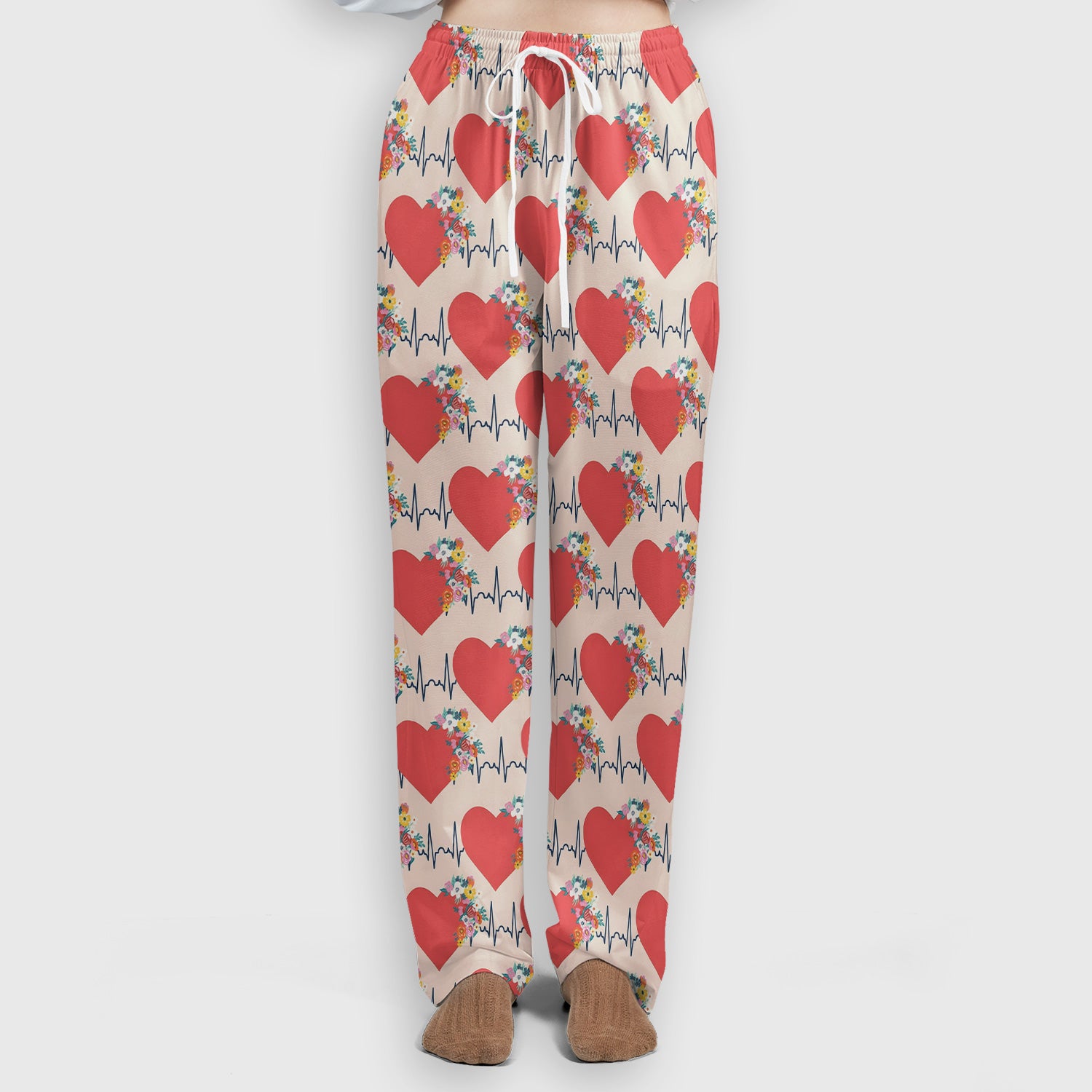 Nurse Heartbeat Floral Pattern Scrub Set, Scrub Pants and V Neck Top
