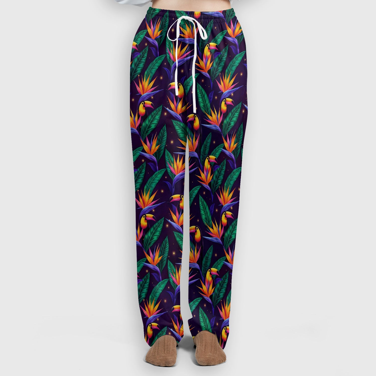 Tropical Toucan Bird Paradise Leaves Pattern Scrub Set, Scrub Pants and V Neck Top