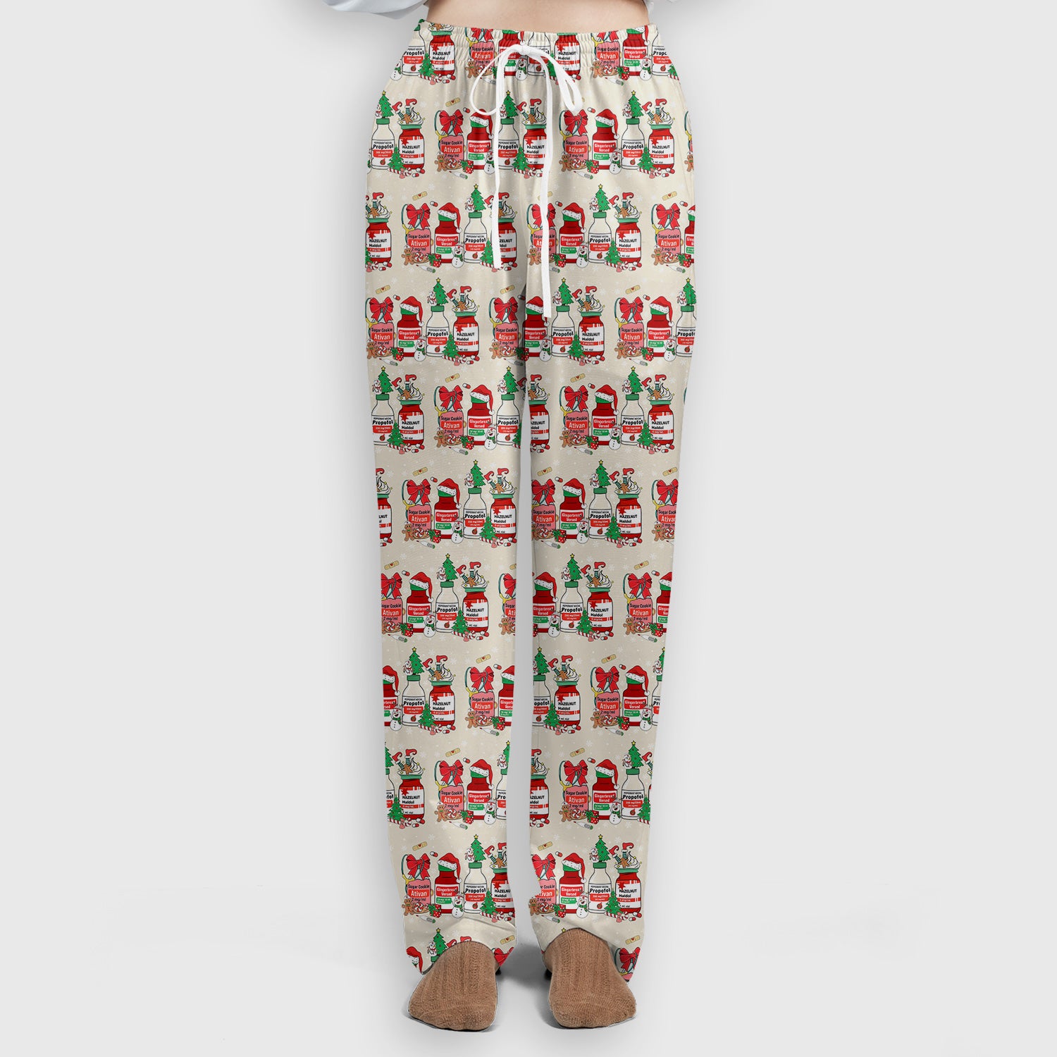 Funny Christmas Medication Scrub Set – Festive Holiday Pharma Bottles Pattern – Playful Medical Uniform for Nurses, Pharmacists & Healthcare Workers