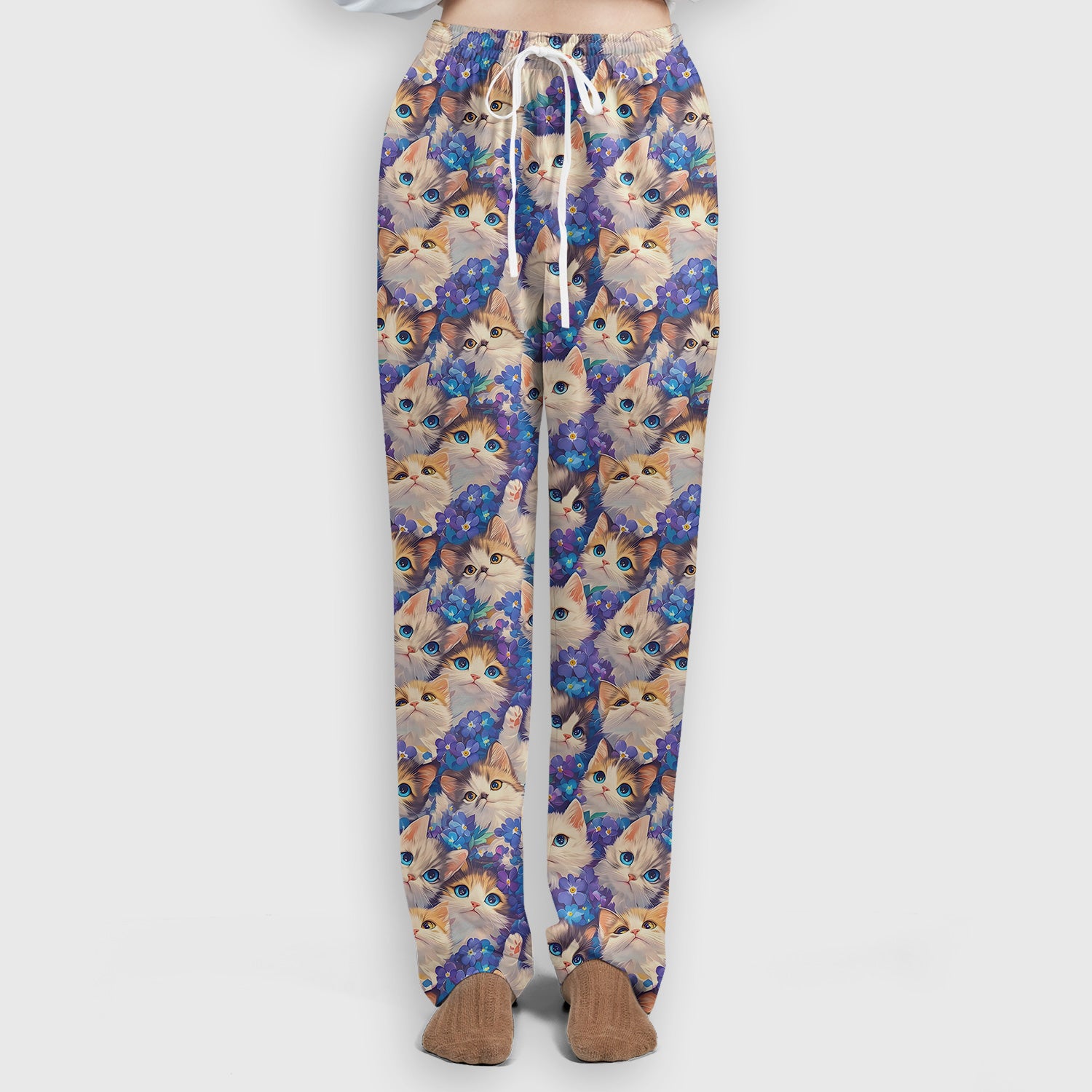 Cute Blue Eyed Kitten Pattern Scrub Set, Scrub Pants and V Neck Top