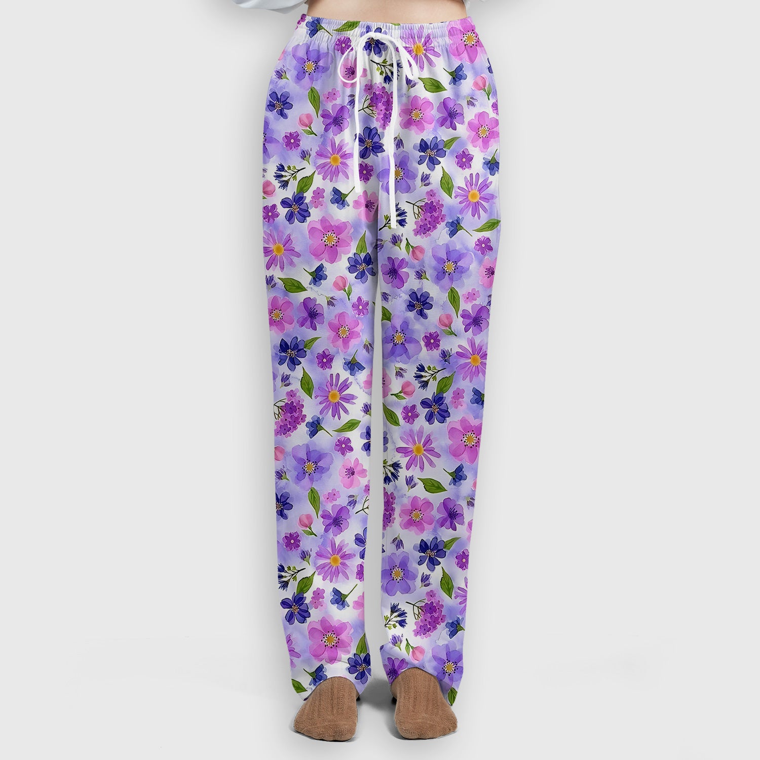 Purple Watercolor Wildflower Bloom Pattern Scrub Set, Scrub Pants and V Neck Top
