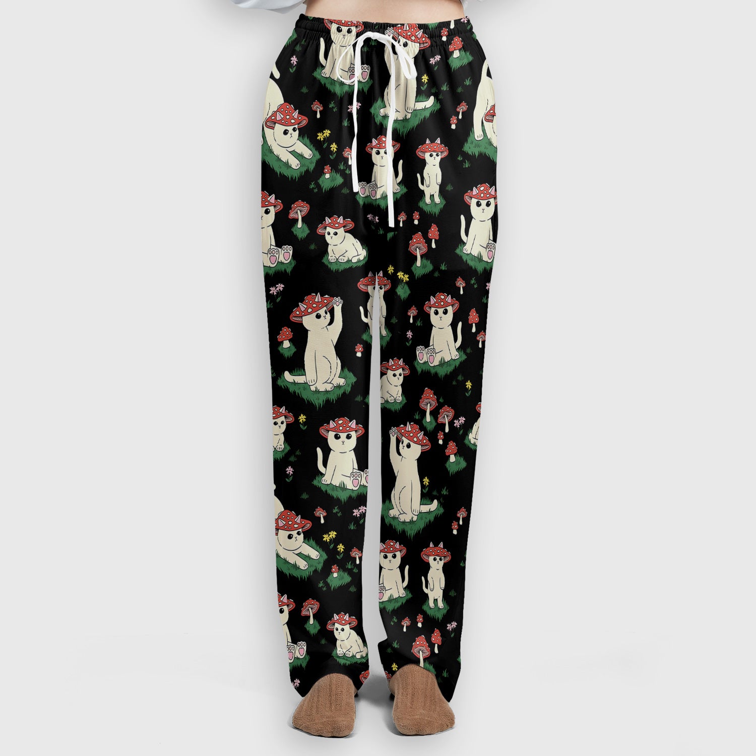 Cute Mushroom Cat Pattern Scrub Set, Scrub Pants and V Neck Top